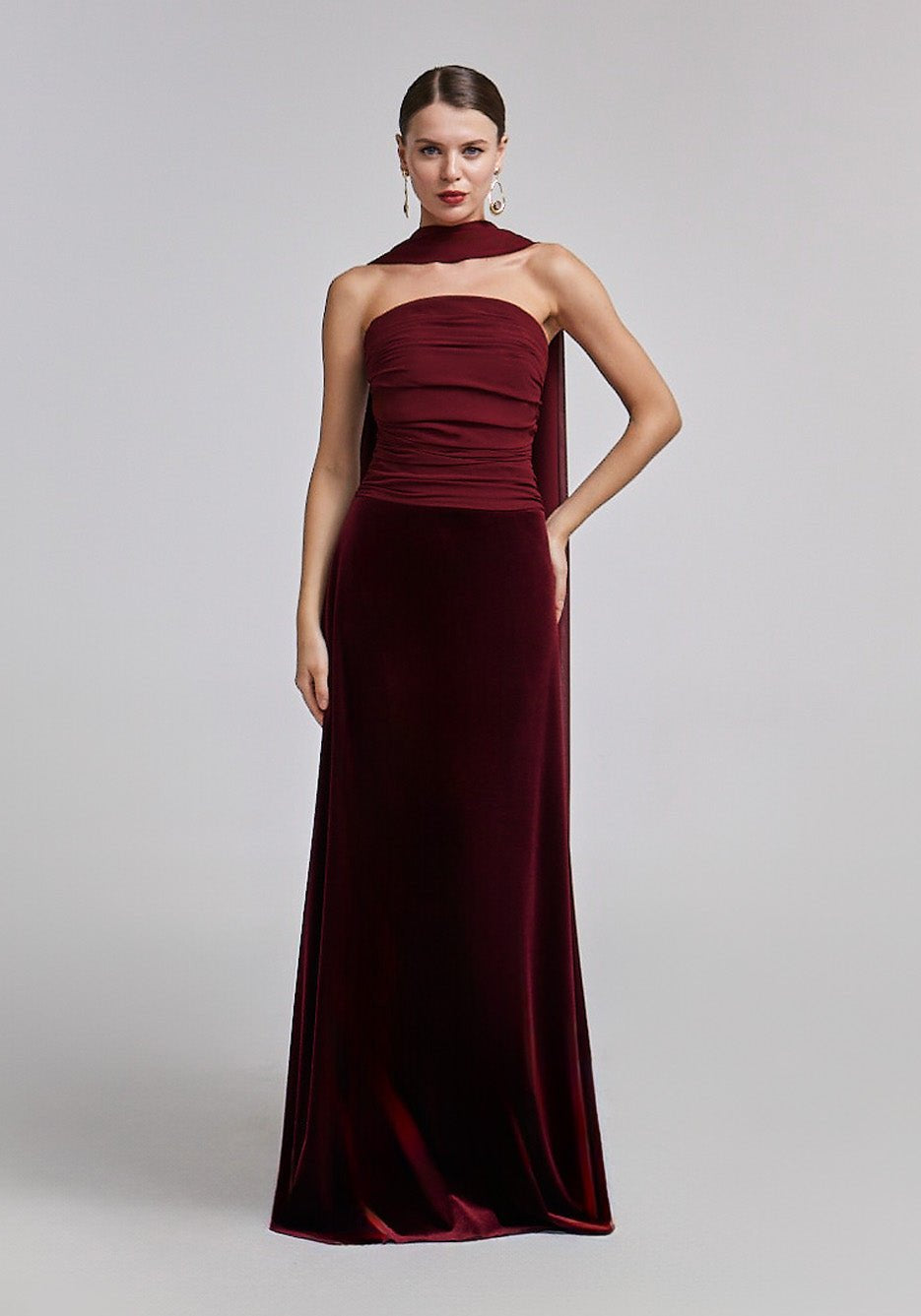 Burgundy Velvet - Chiffon Strapless Gown with Draped Scarf - shopaleena