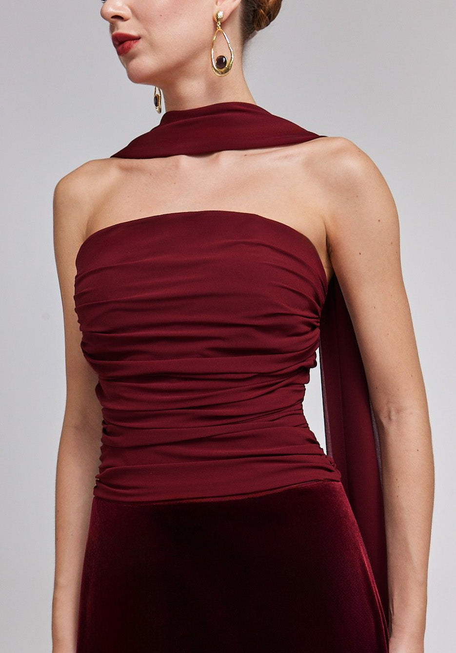 Burgundy Velvet - Chiffon Strapless Gown with Draped Scarf - shopaleena
