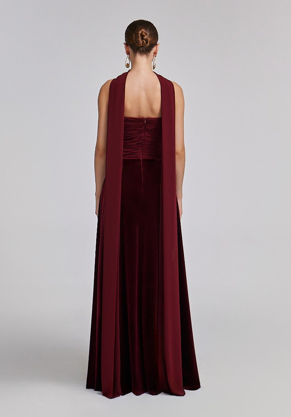 Burgundy Velvet - Chiffon Strapless Gown with Draped Scarf - shopaleena
