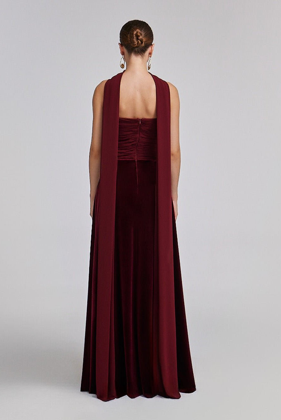 Burgundy Velvet - Chiffon Strapless Gown with Draped Scarf - shopaleena