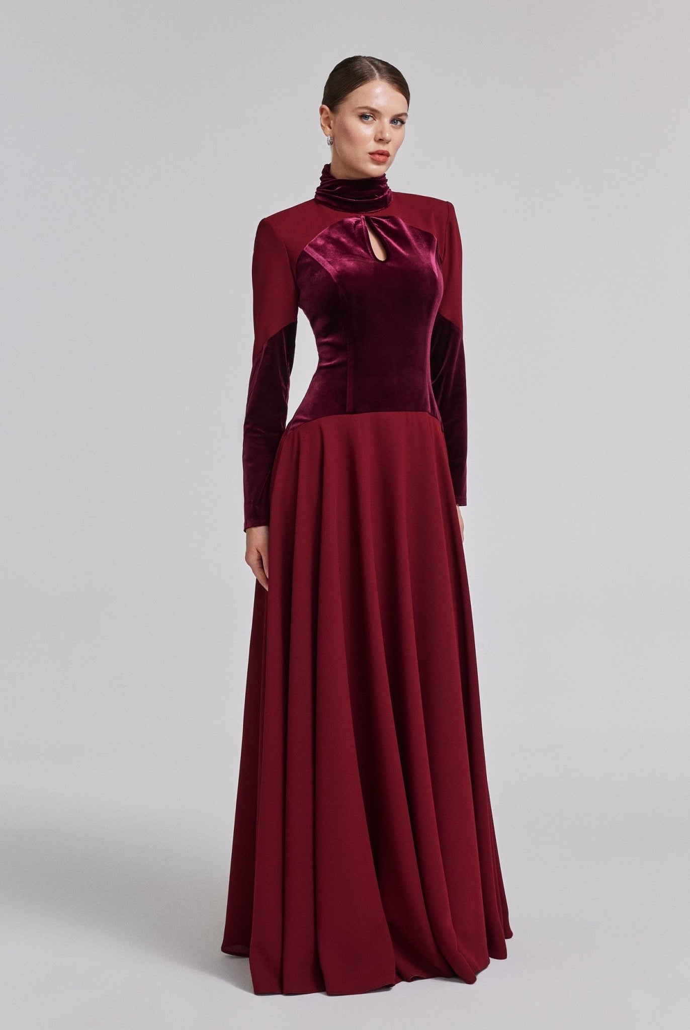 Burgundy Velvet - Crepe Maxi Dress with Pleated Skirt - shopaleena