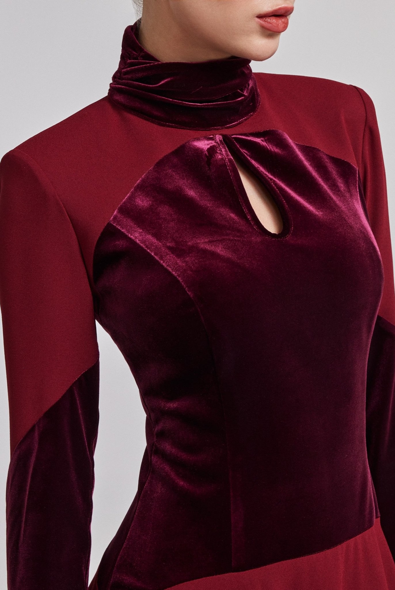 Burgundy Velvet - Crepe Maxi Dress with Pleated Skirt - shopaleena