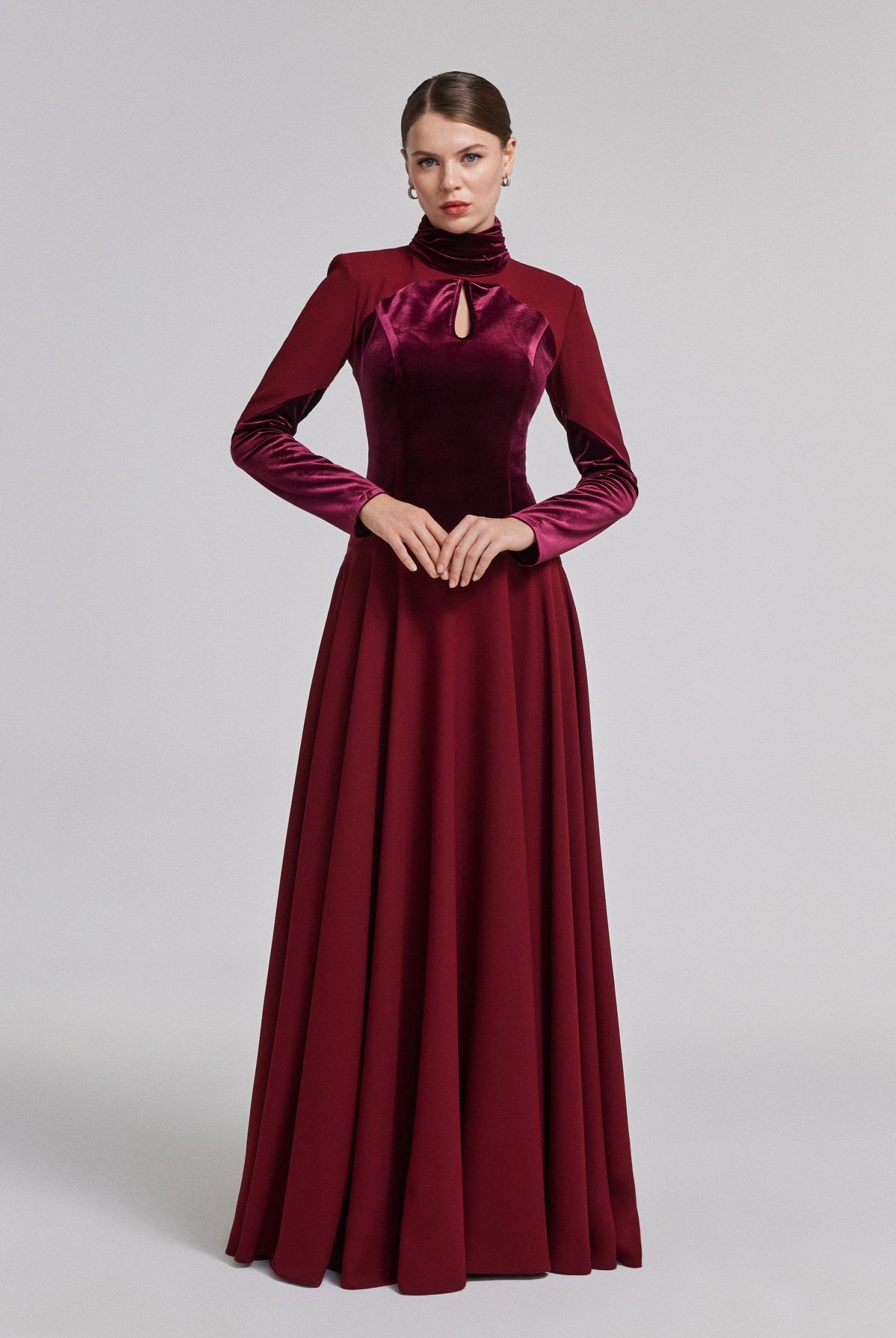 Burgundy Velvet - Crepe Maxi Dress with Pleated Skirt - shopaleena