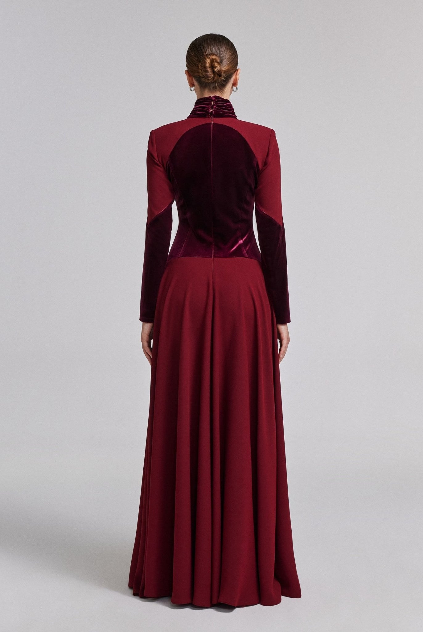 Burgundy Velvet - Crepe Maxi Dress with Pleated Skirt - shopaleena