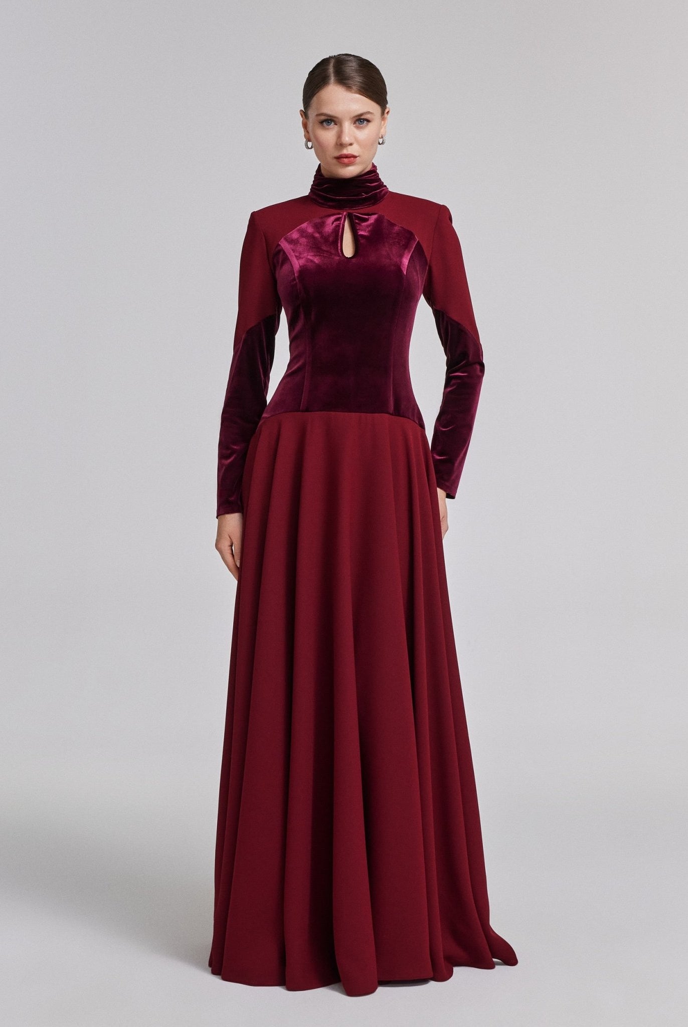 Burgundy Velvet - Crepe Maxi Dress with Pleated Skirt - shopaleena