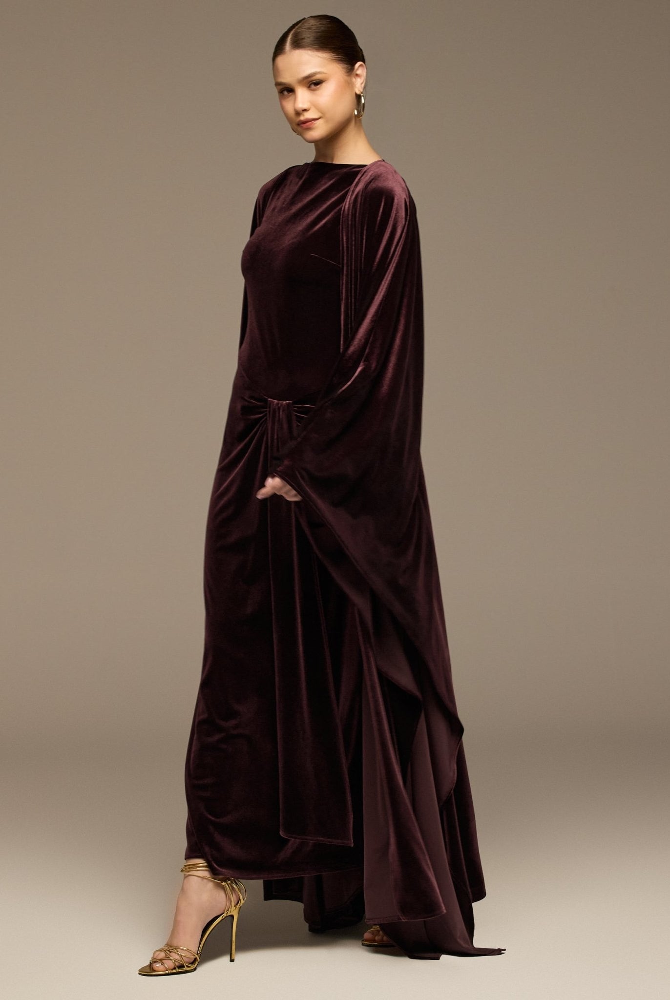 Burgundy Velvet Dress & Draped Cape Set - shopaleena