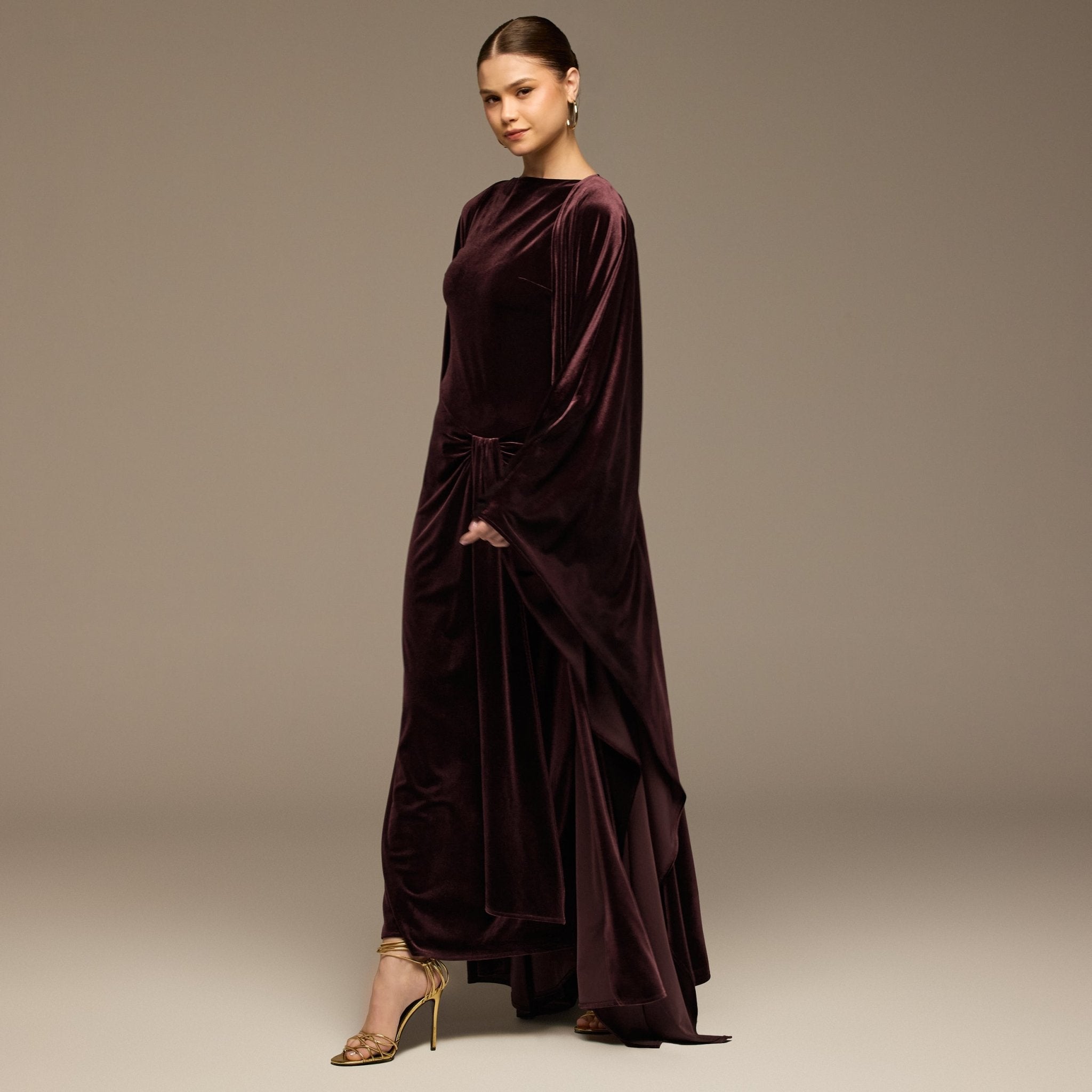 Burgundy Velvet Dress & Draped Cape Set - shopaleena