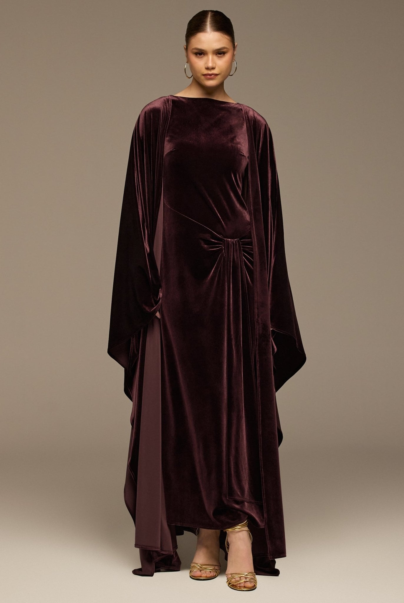 Burgundy Velvet Dress & Draped Cape Set - shopaleena