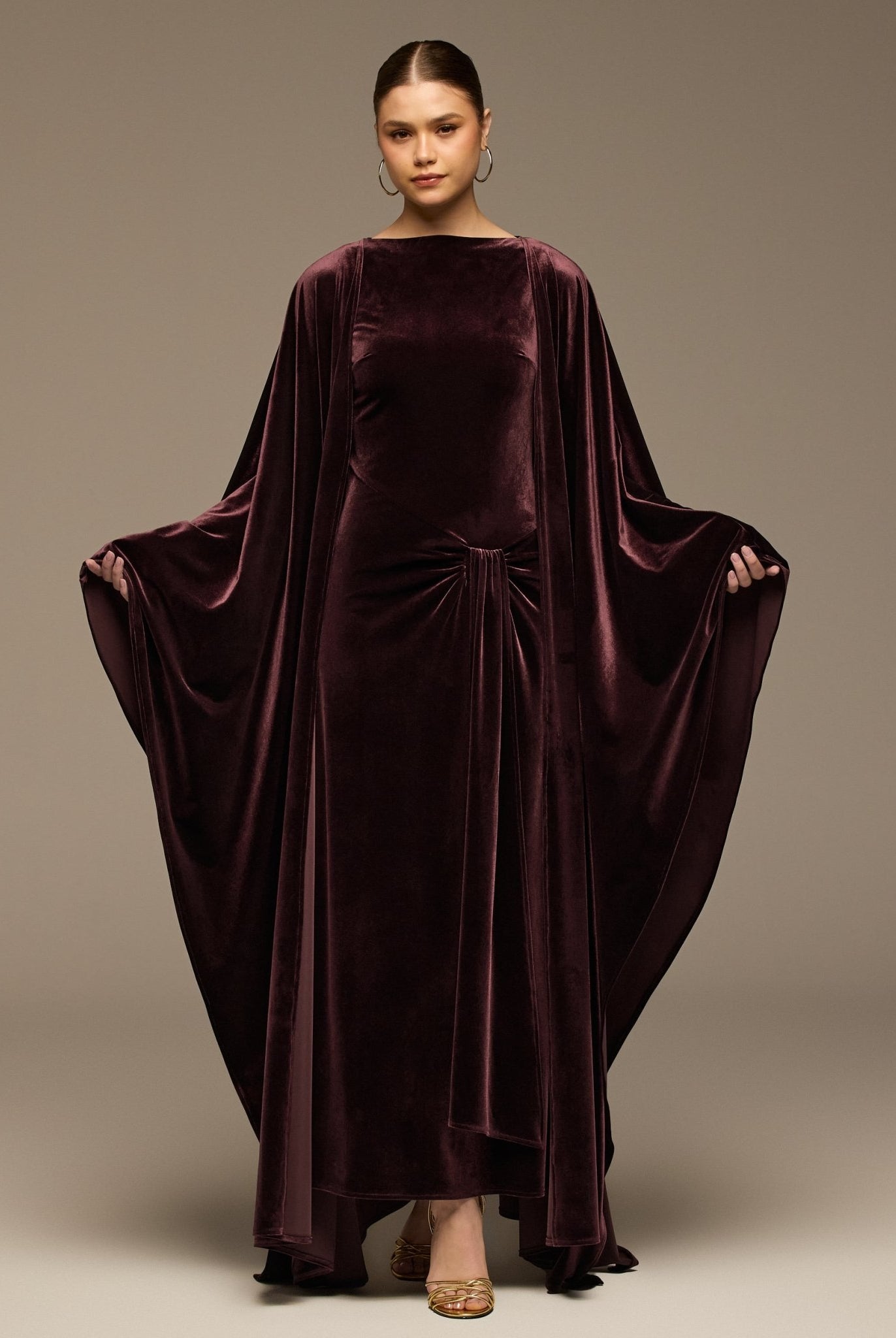 Burgundy Velvet Dress & Draped Cape Set - shopaleena