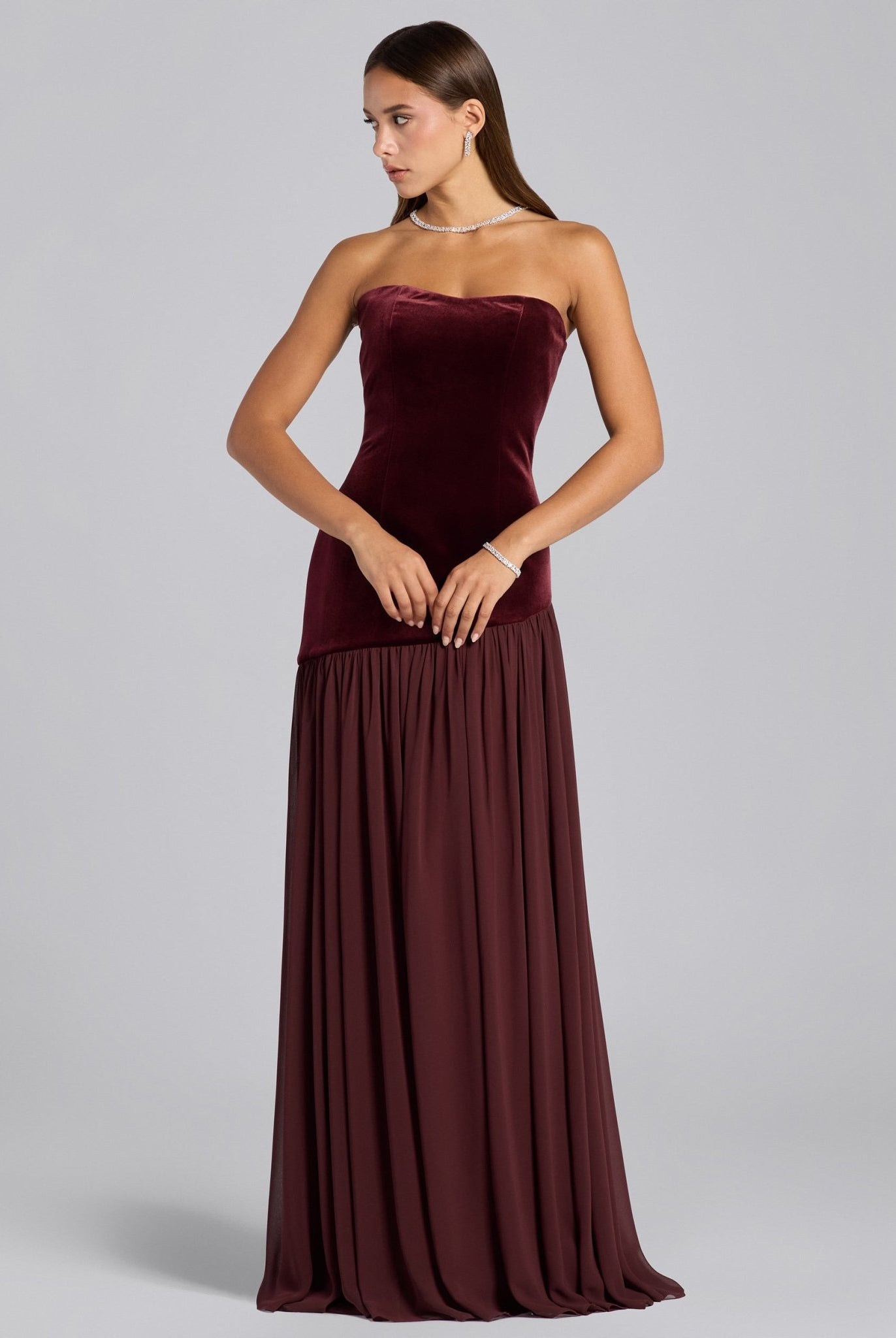 Burgundy Velvet Dress with Voluminous Chiffon Skirt - shopaleena