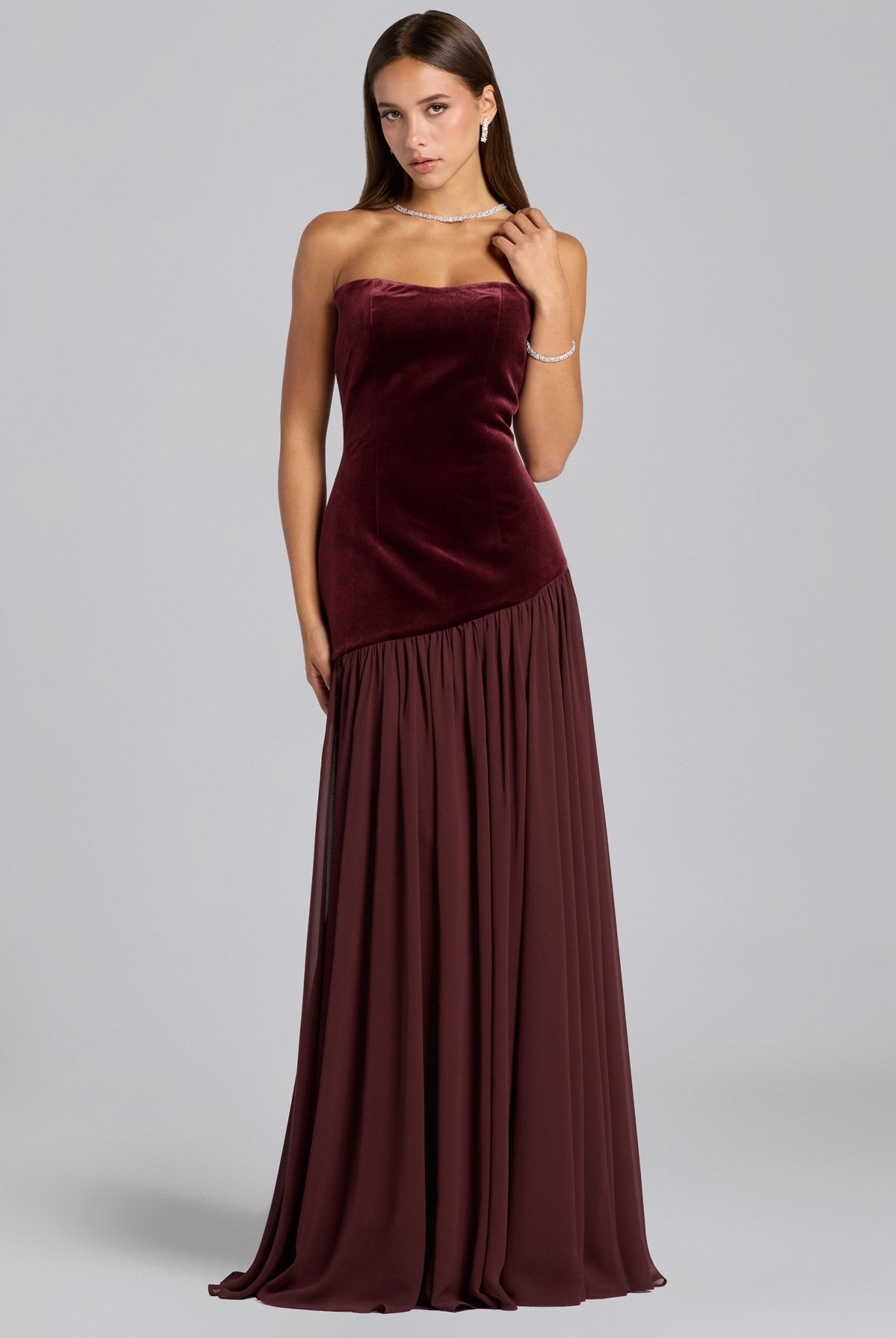 Burgundy Velvet Dress with Voluminous Chiffon Skirt - shopaleena