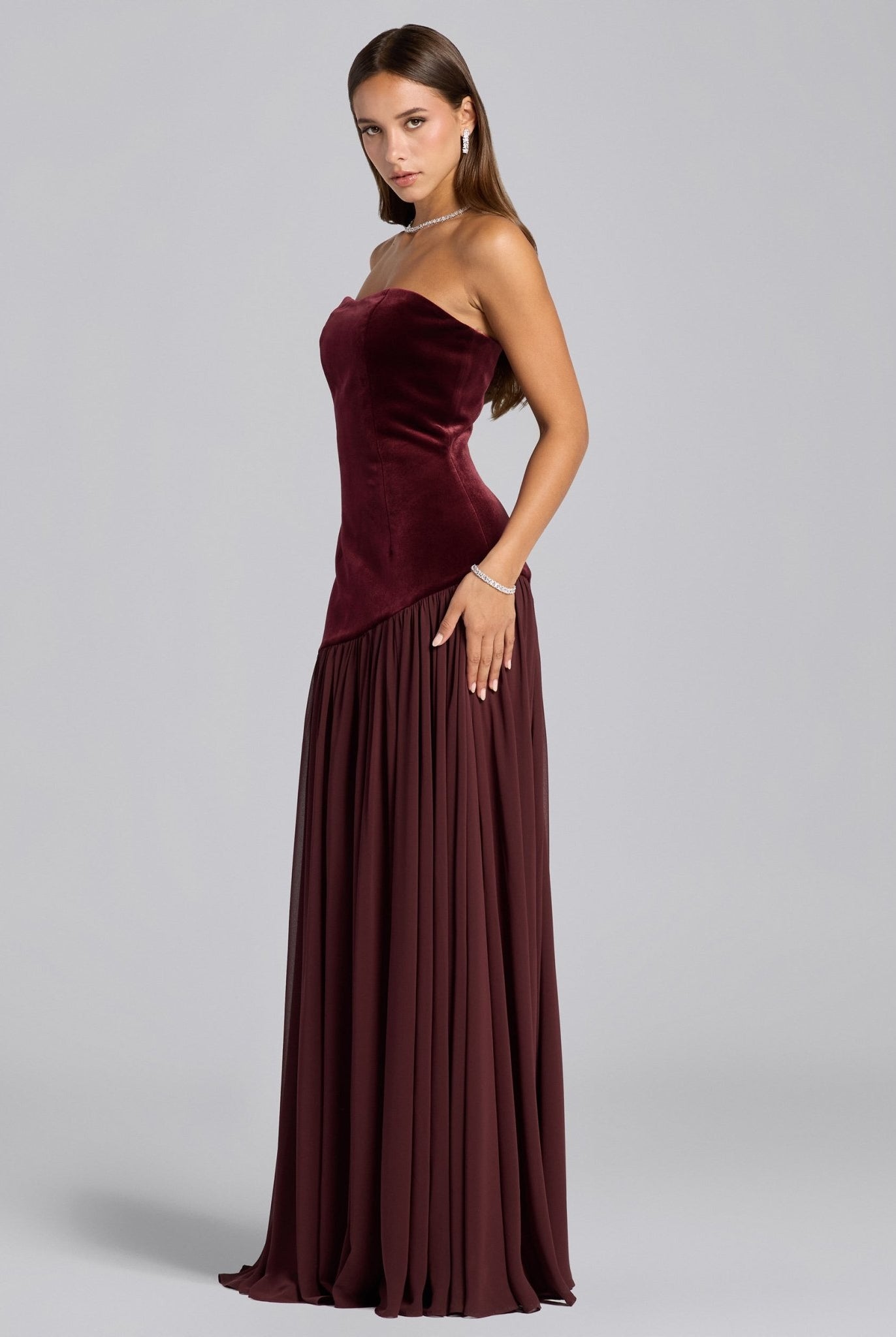 Burgundy Velvet Dress with Voluminous Chiffon Skirt - shopaleena