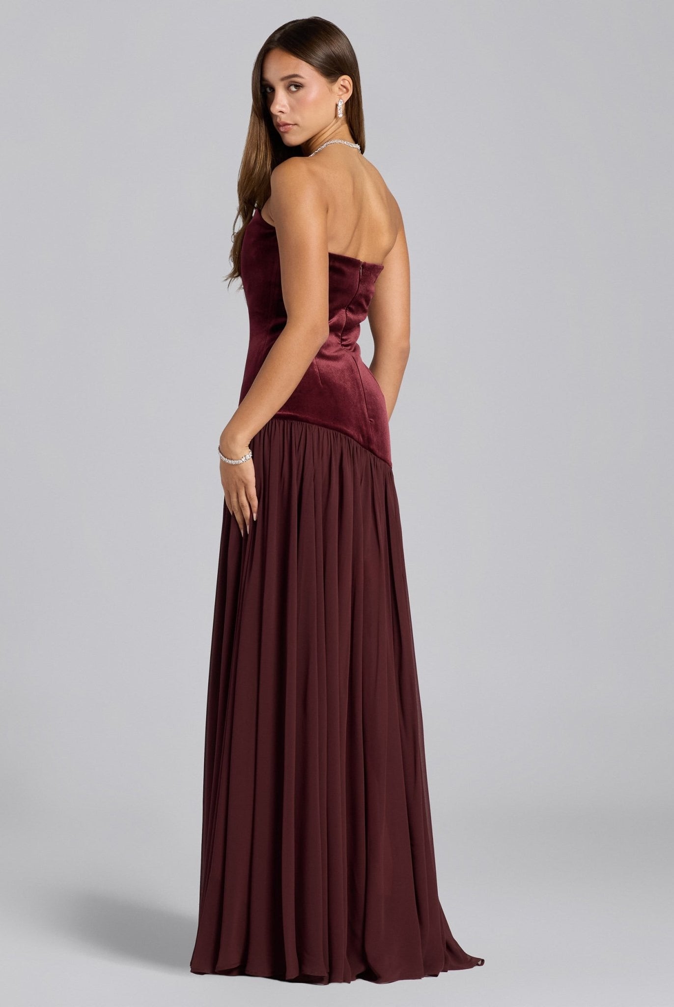 Burgundy Velvet Dress with Voluminous Chiffon Skirt - shopaleena
