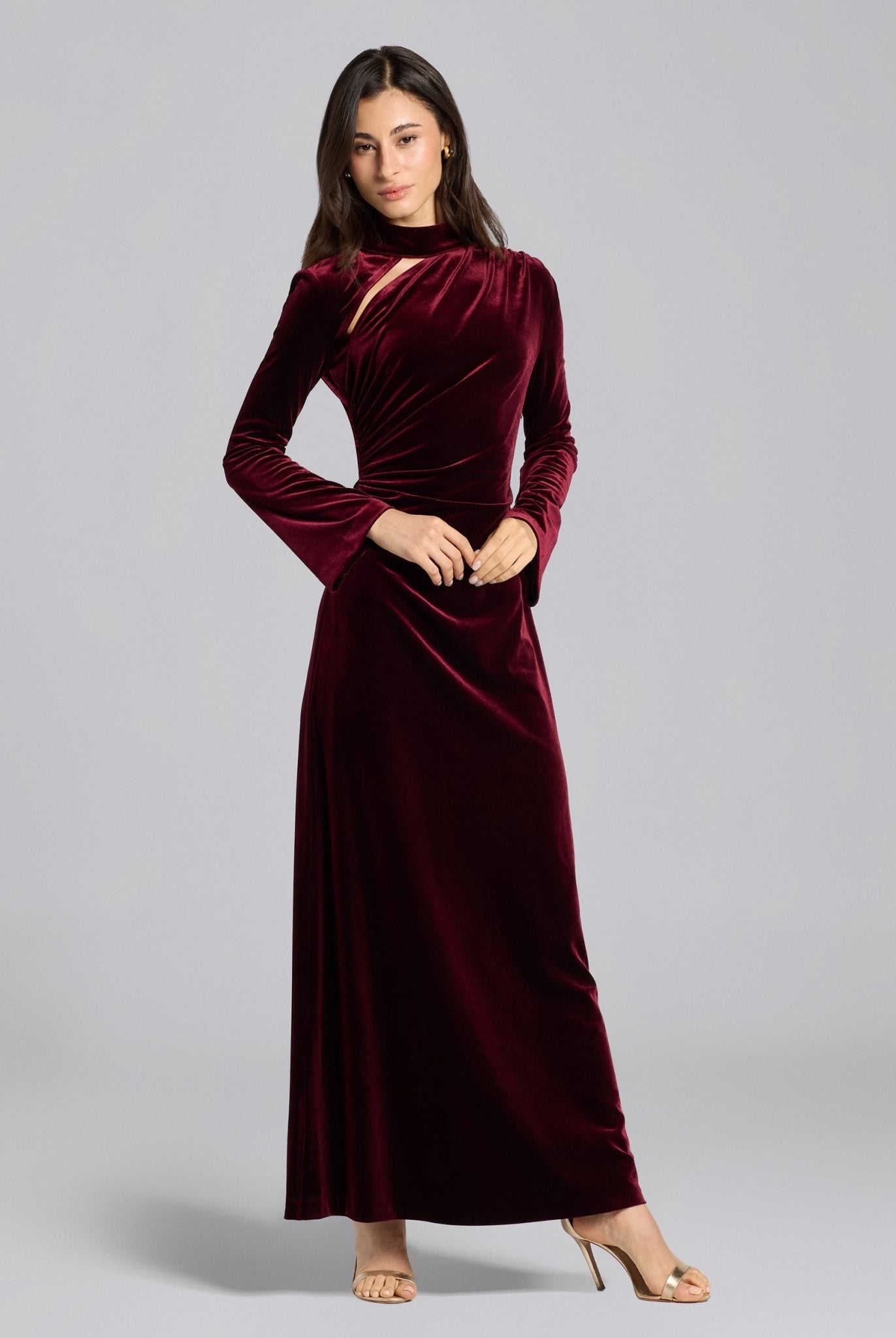 Burgundy Velvet High Neck Gown - shopaleena