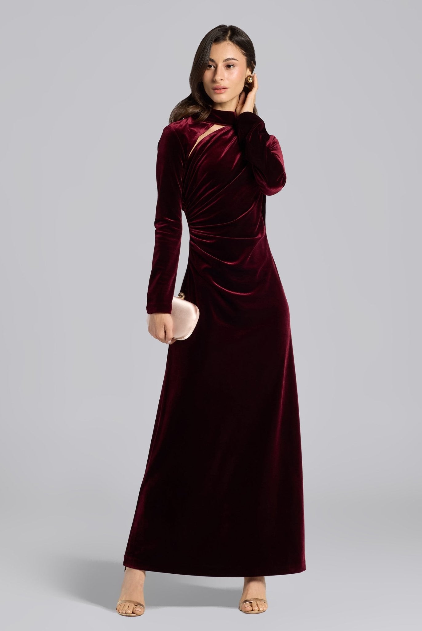 Burgundy Velvet High Neck Gown - shopaleena