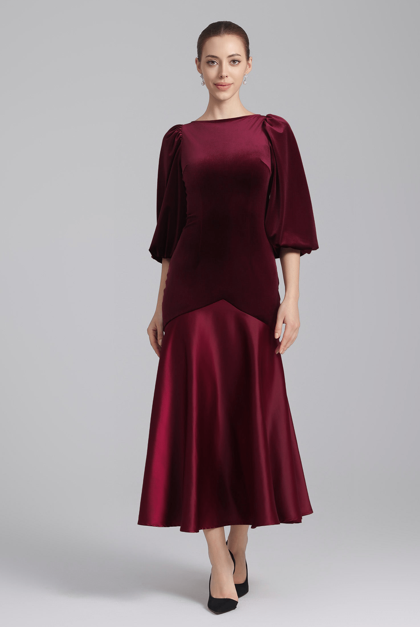Burgundy Velvet - Satin Balloon Sleeve Midi Dress - shopaleena