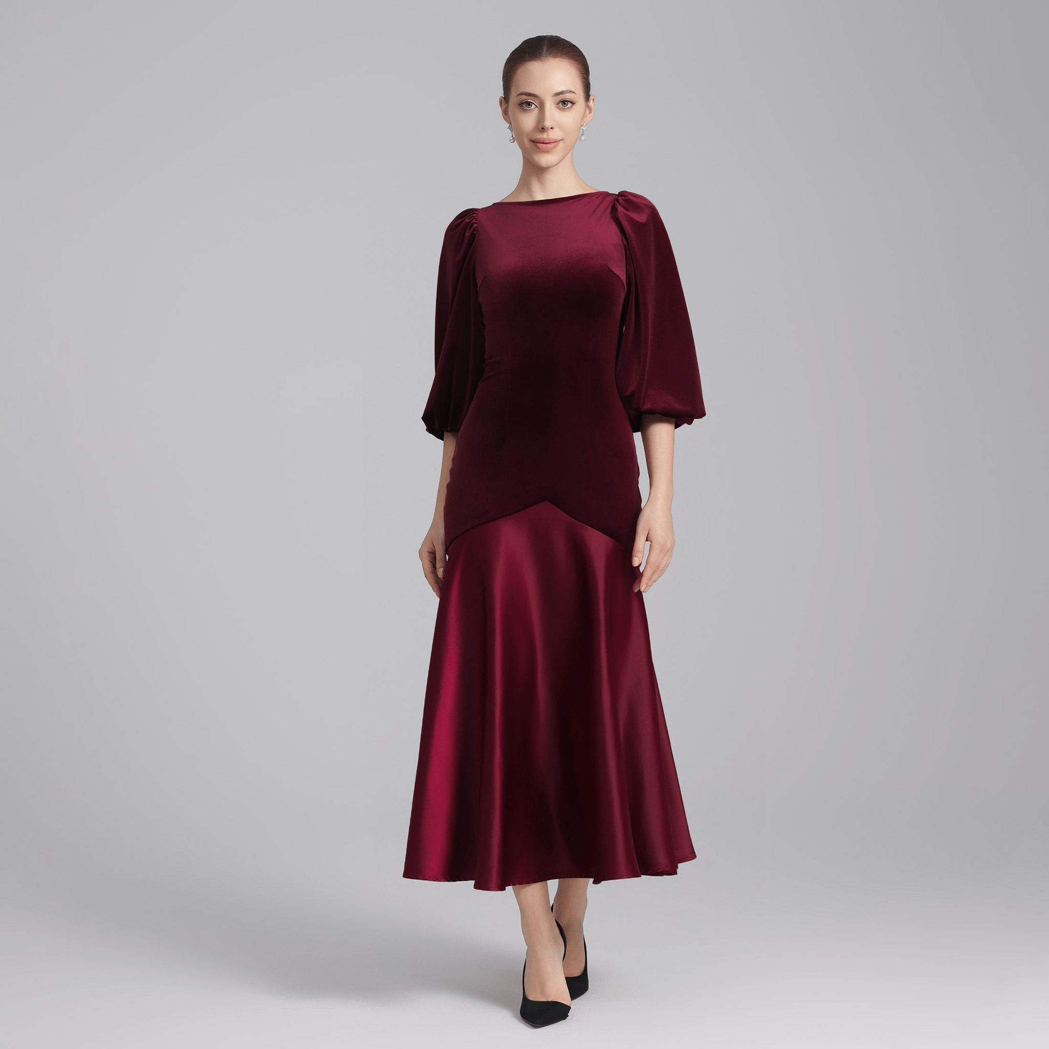Burgundy Velvet - Satin Balloon Sleeve Midi Dress - shopaleena