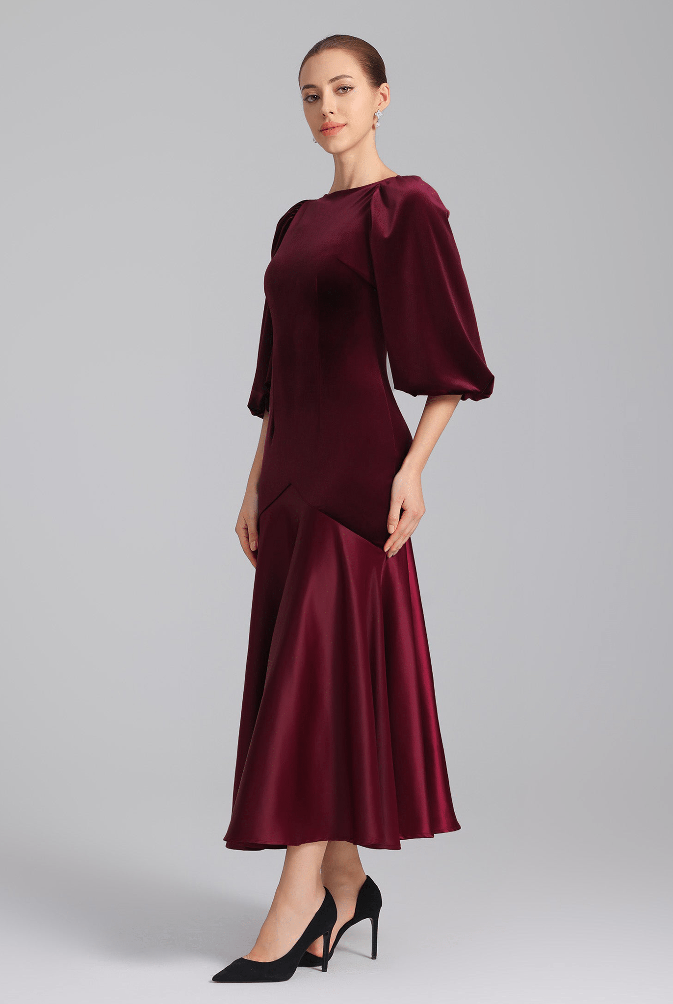 Burgundy Velvet - Satin Balloon Sleeve Midi Dress - shopaleena