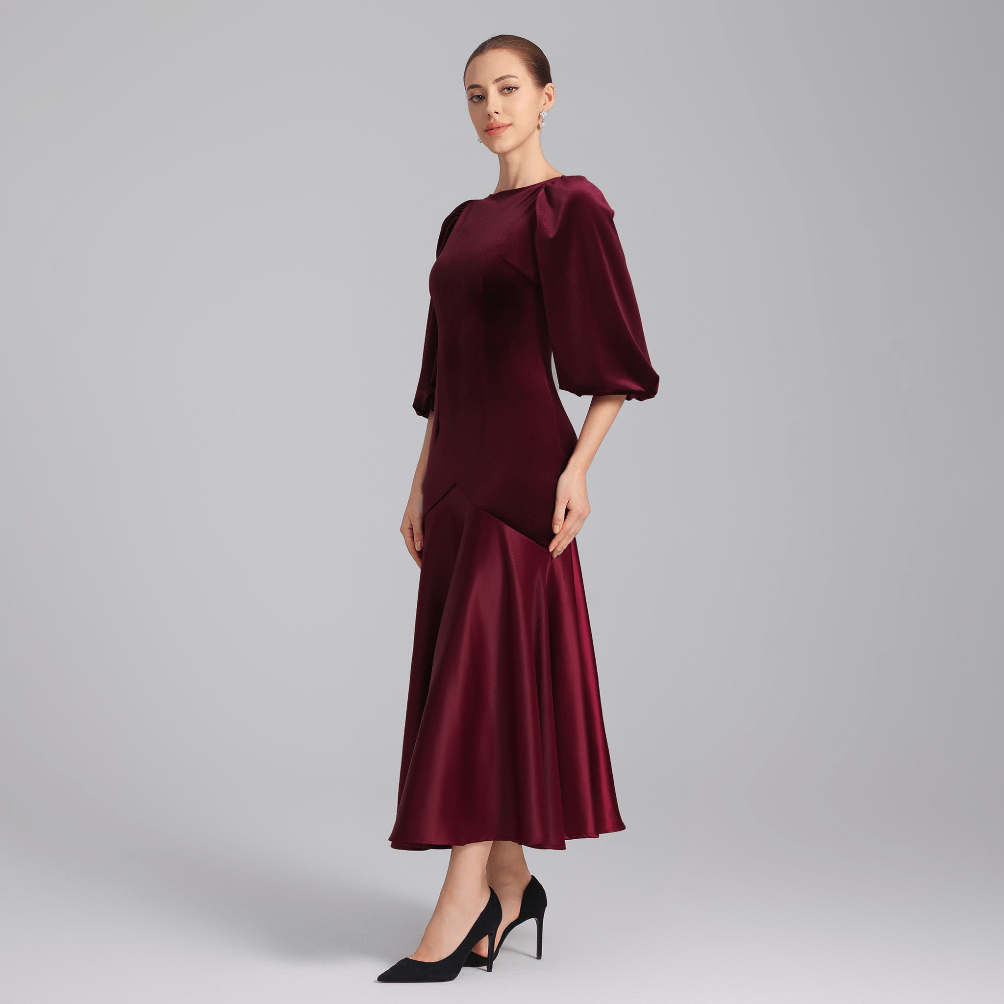Burgundy Velvet - Satin Balloon Sleeve Midi Dress - shopaleena