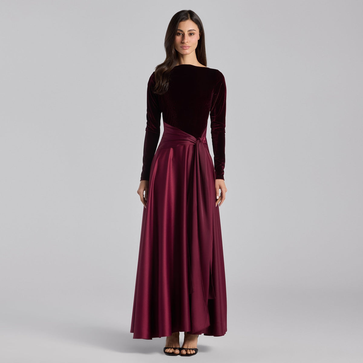 burgundy and gray dress Velvet & Satin Midi with Twisted Waist – shopaleena this dress enhances any