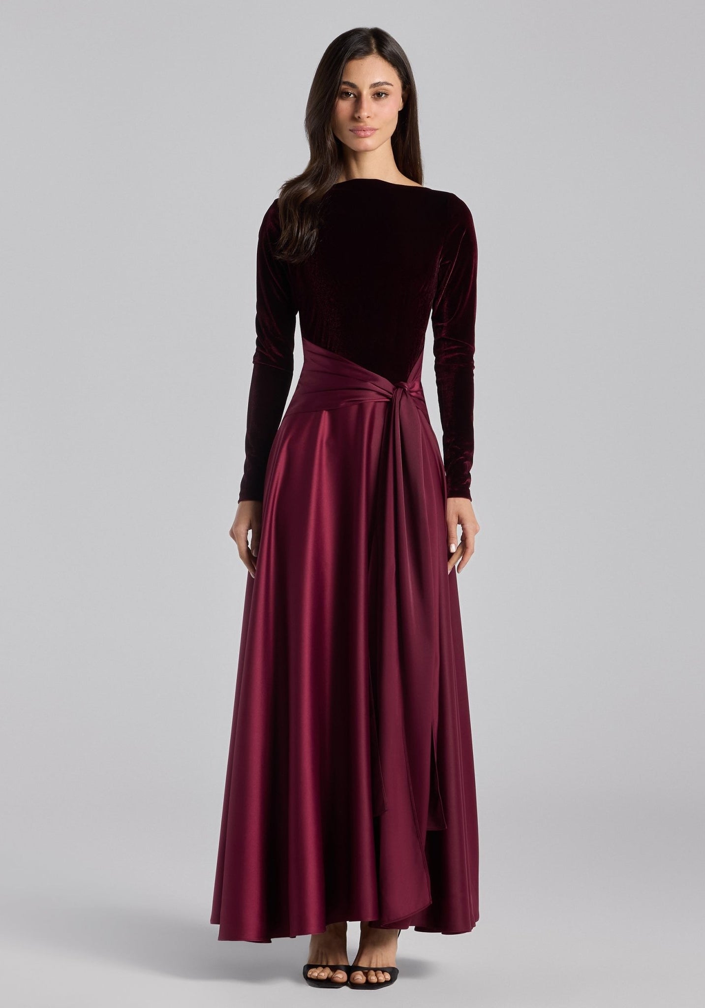 Burgundy Velvet & Satin Midi Dress with Twisted Waist - shopaleena