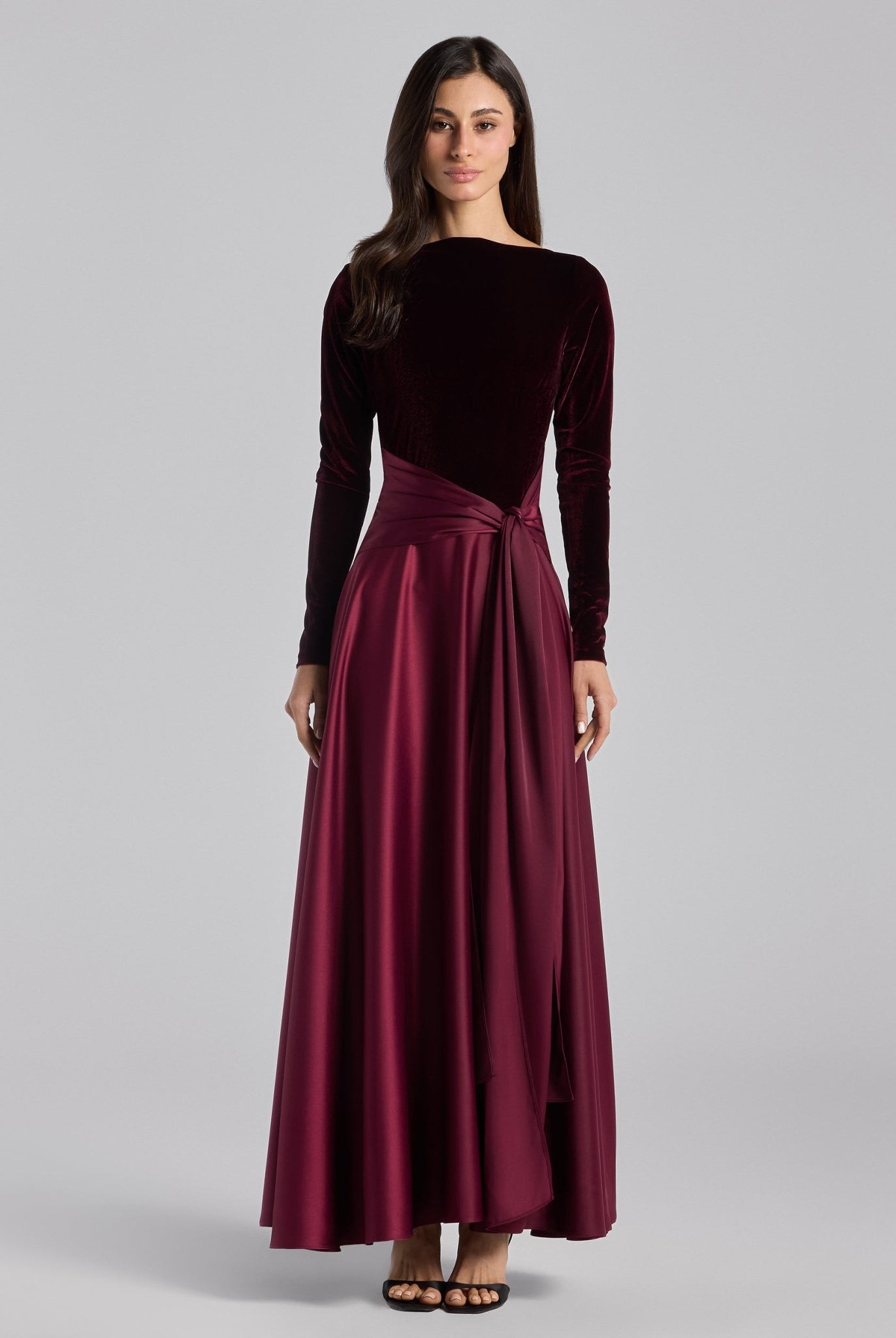 Burgundy Velvet & Satin Midi Dress with Twisted Waist - shopaleena