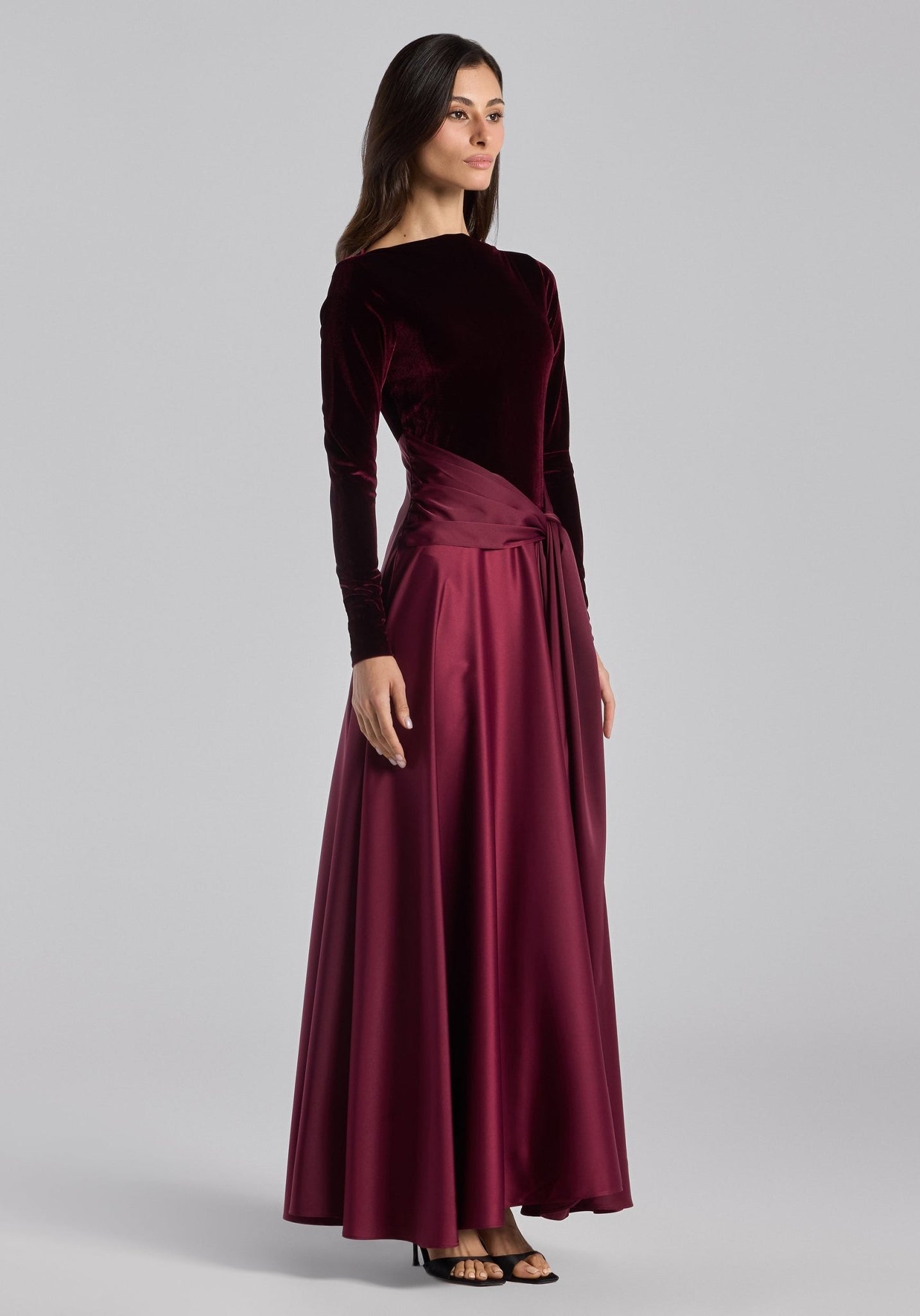 Burgundy Velvet & Satin Midi Dress with Twisted Waist - shopaleena