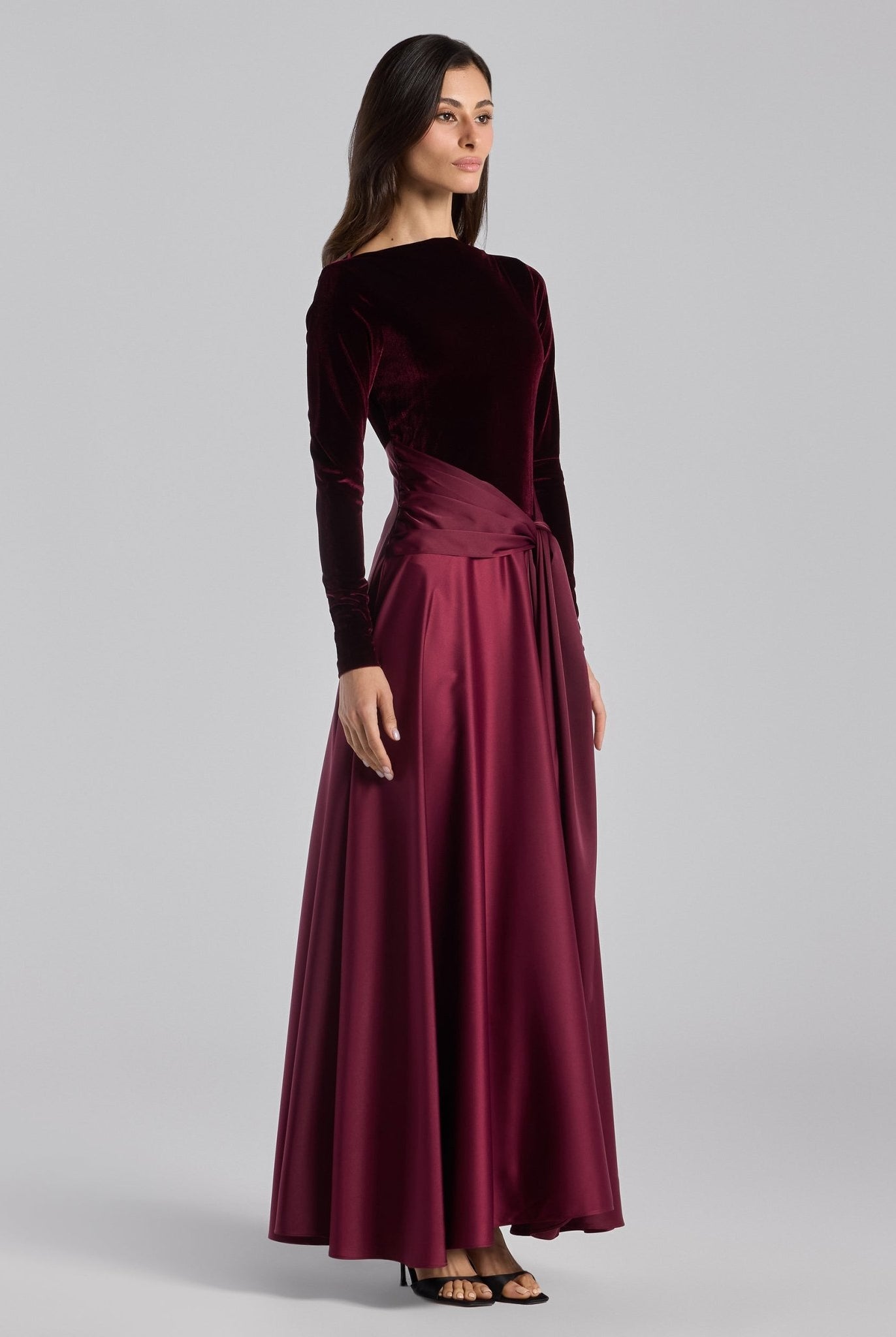 Burgundy Velvet & Satin Midi Dress with Twisted Waist - shopaleena