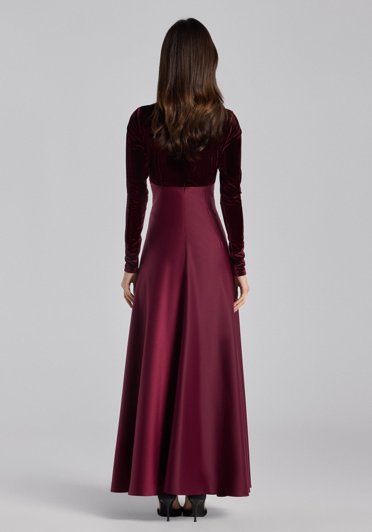 Burgundy Velvet & Satin Midi Dress with Twisted Waist - shopaleena