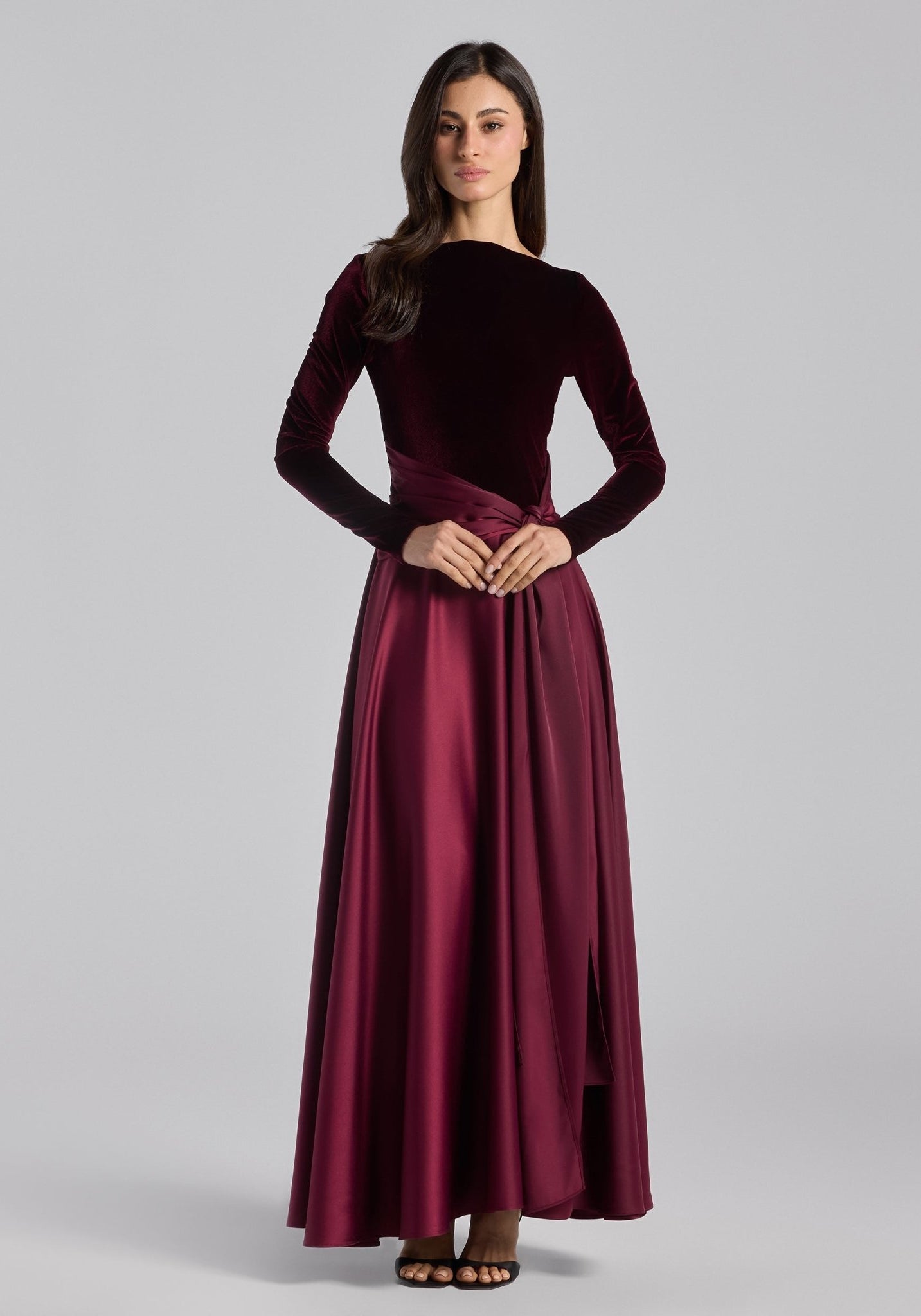 Burgundy Velvet & Satin Midi Dress with Twisted Waist - shopaleena