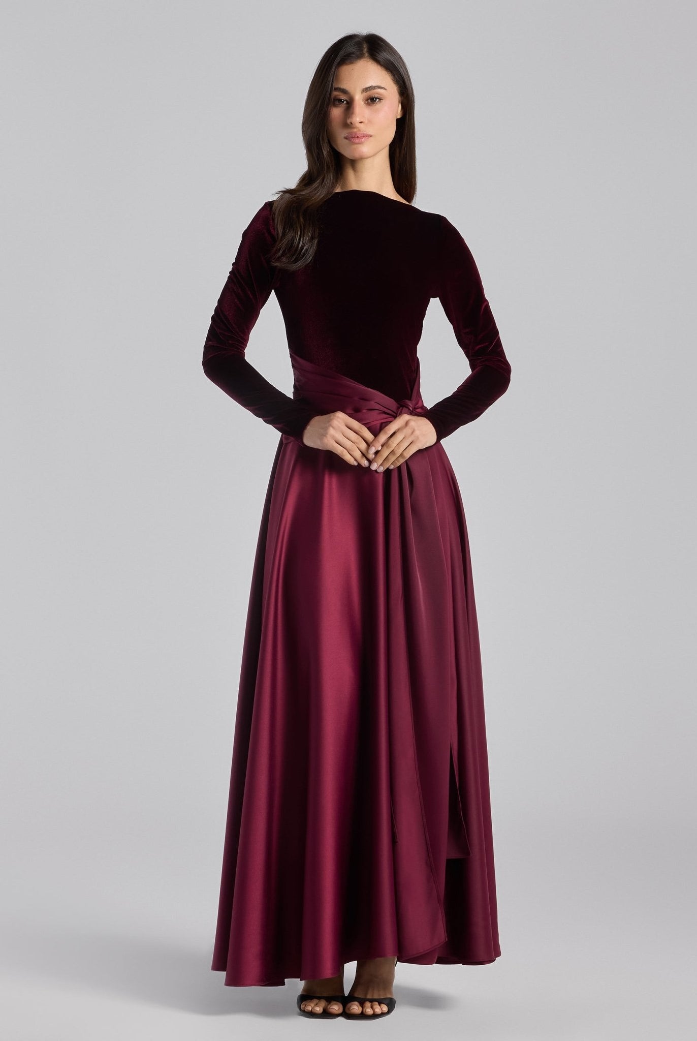 Burgundy Velvet & Satin Midi Dress with Twisted Waist - shopaleena