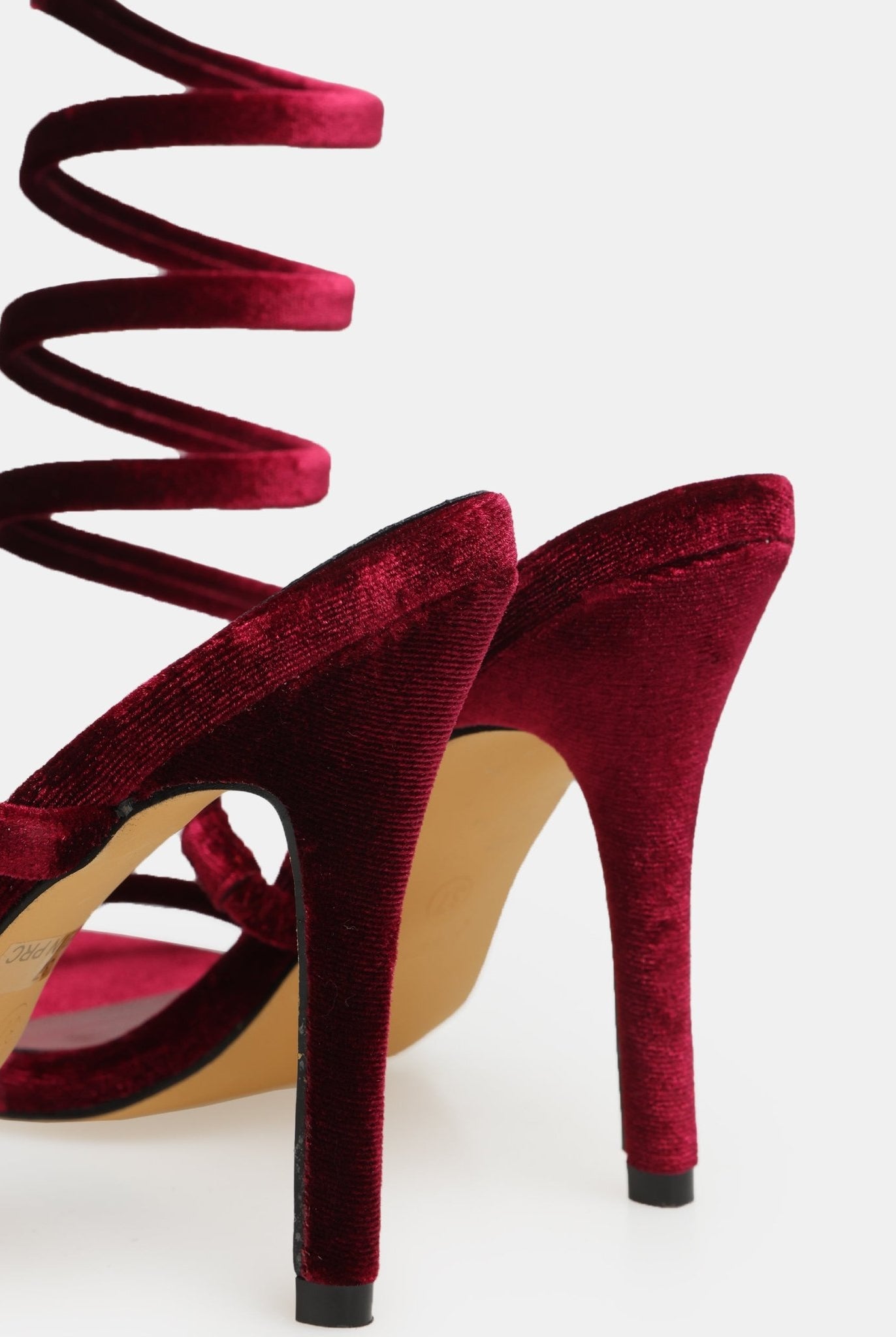 Burgundy Velvet Spiral Strap High Heel Sandals - shopaleena