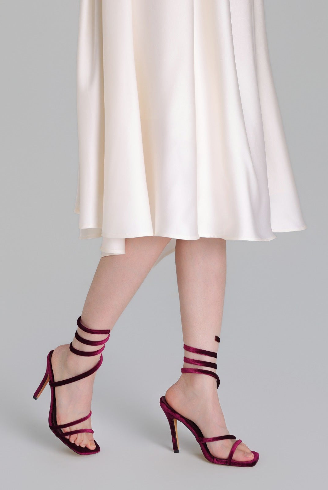 Burgundy Velvet Spiral Strap High Heel Sandals - shopaleena