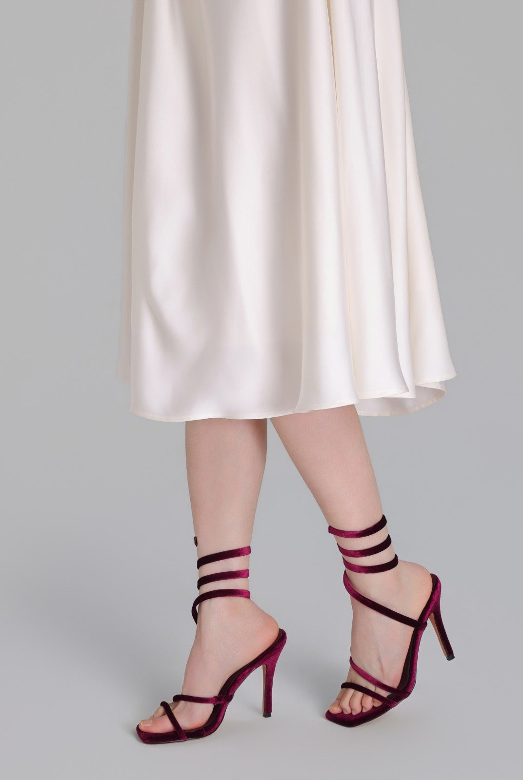 Burgundy Velvet Spiral Strap High Heel Sandals - shopaleena