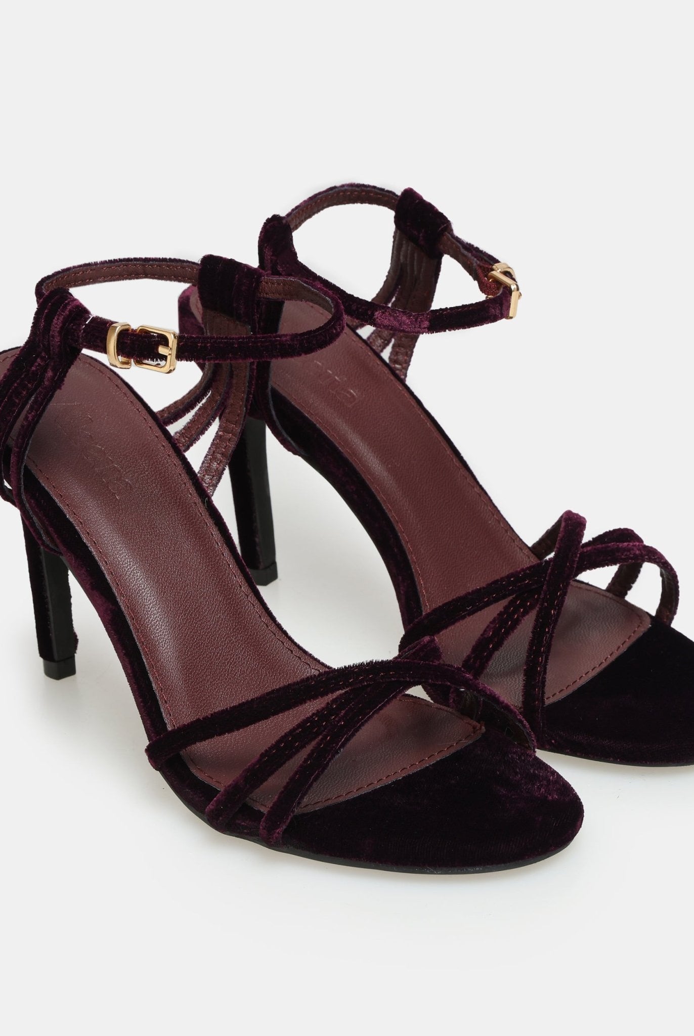 Burgundy Velvet Strappy High Heel Sandals - shopaleena