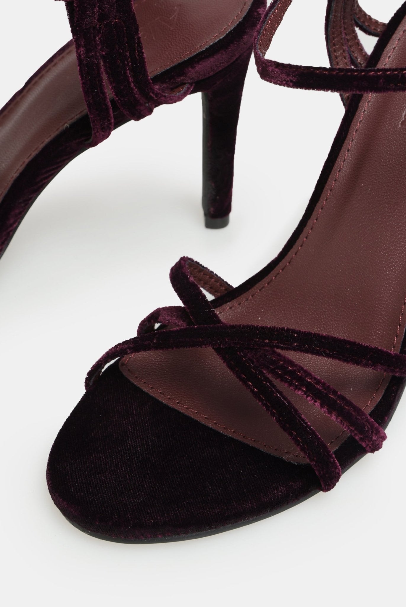 Burgundy Velvet Strappy High Heel Sandals - shopaleena