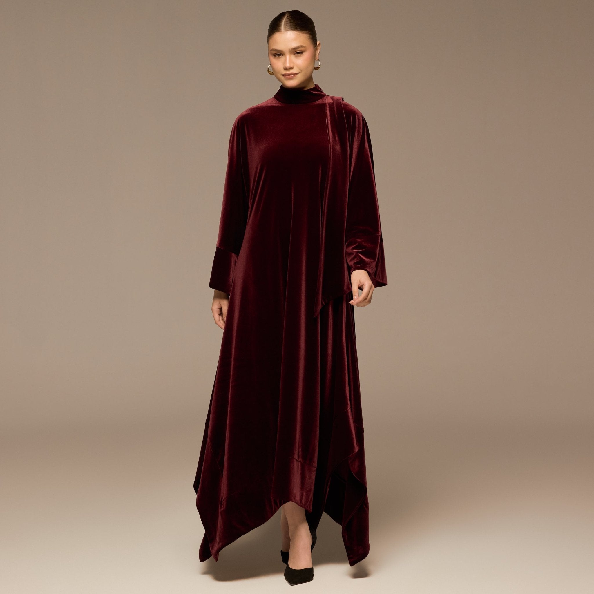 Burgundy Wide Sleeve Velvet Dress with Scarf - shopaleena