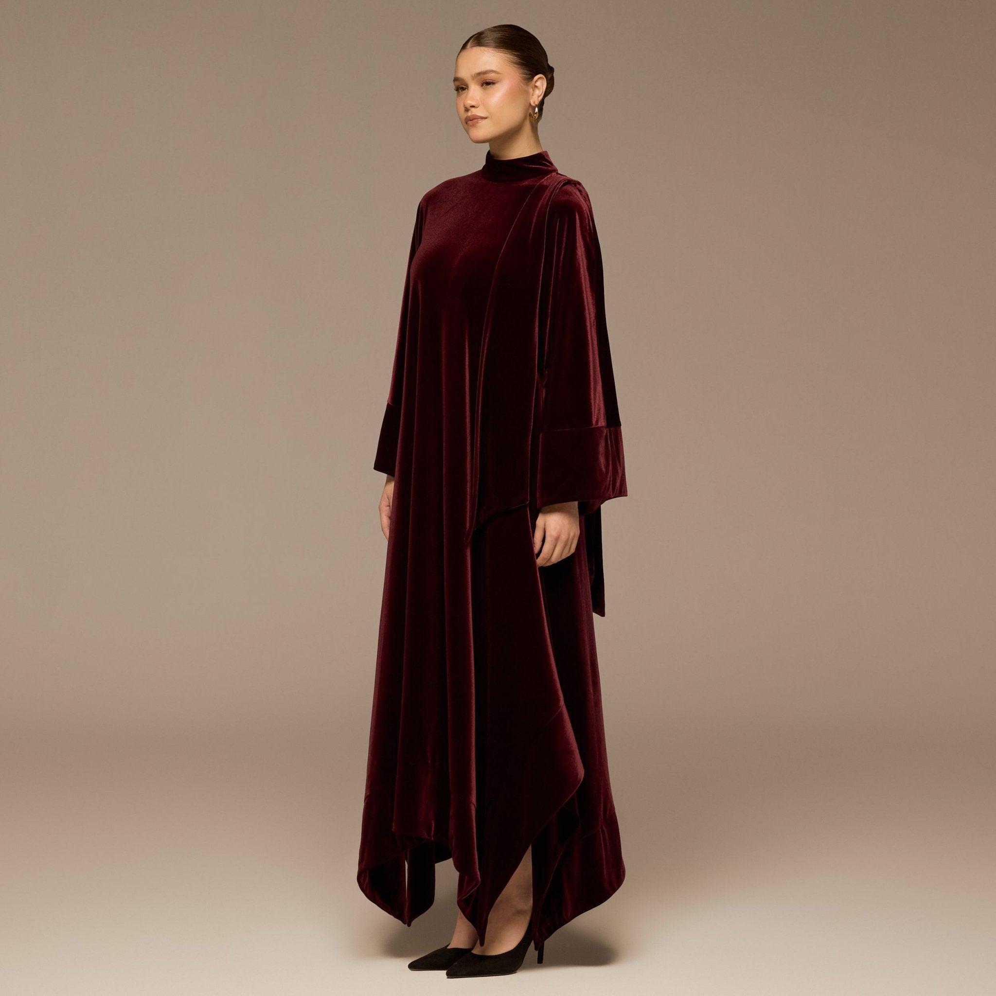 Burgundy Wide Sleeve Velvet Dress with Scarf - shopaleena