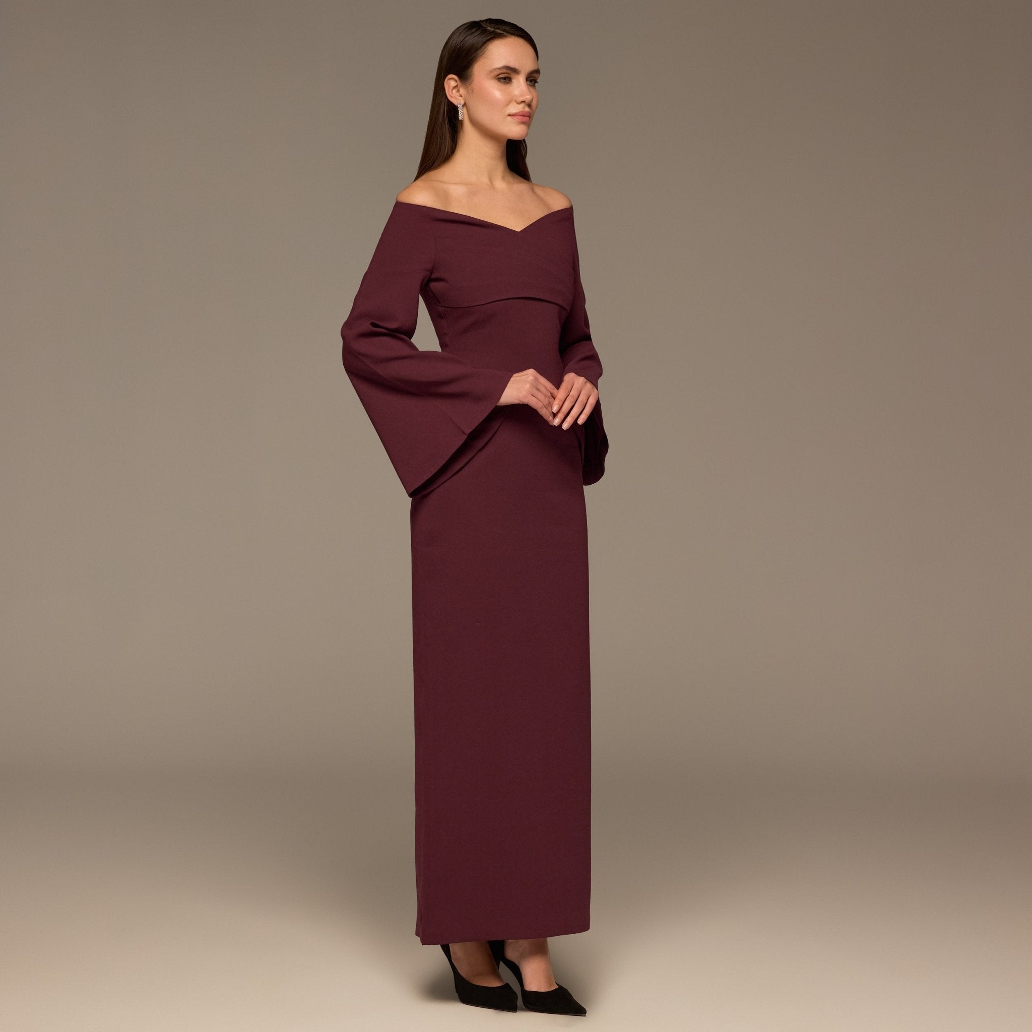 Burgundy Wide V Neck Crepe Maxi Dress - shopaleena