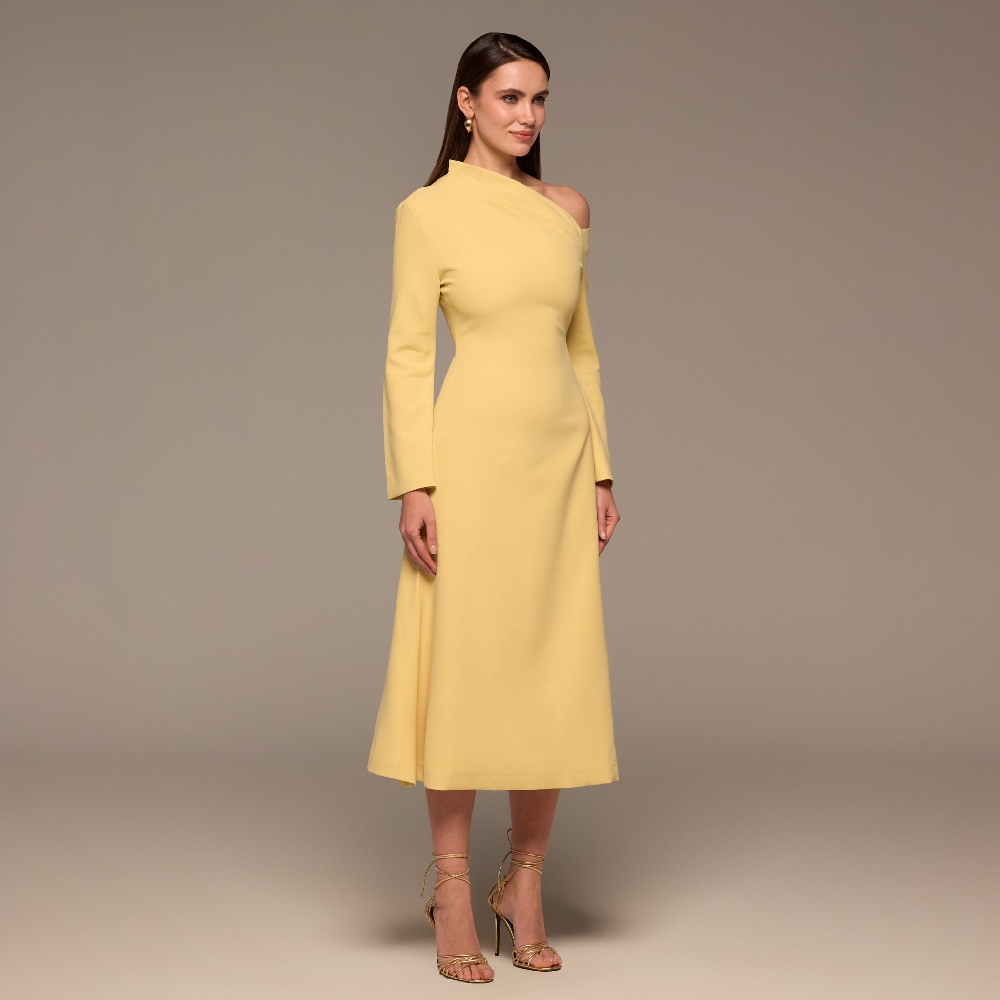 Butter Yellow Bare Shoulder Crepe Midi Dress - shopaleena