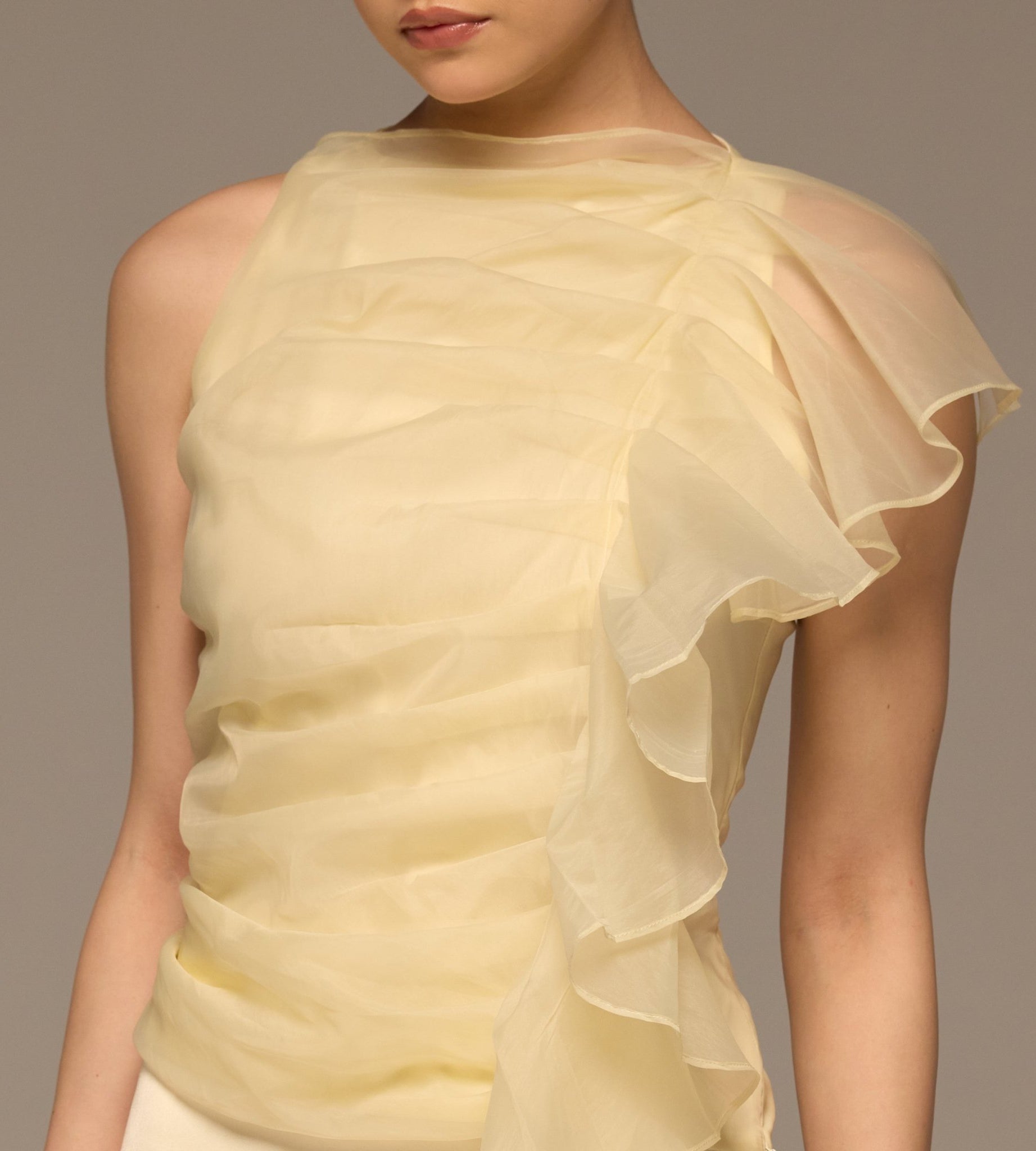 Butter Yellow One Side Ruffle Organza Blouse - shopaleena
