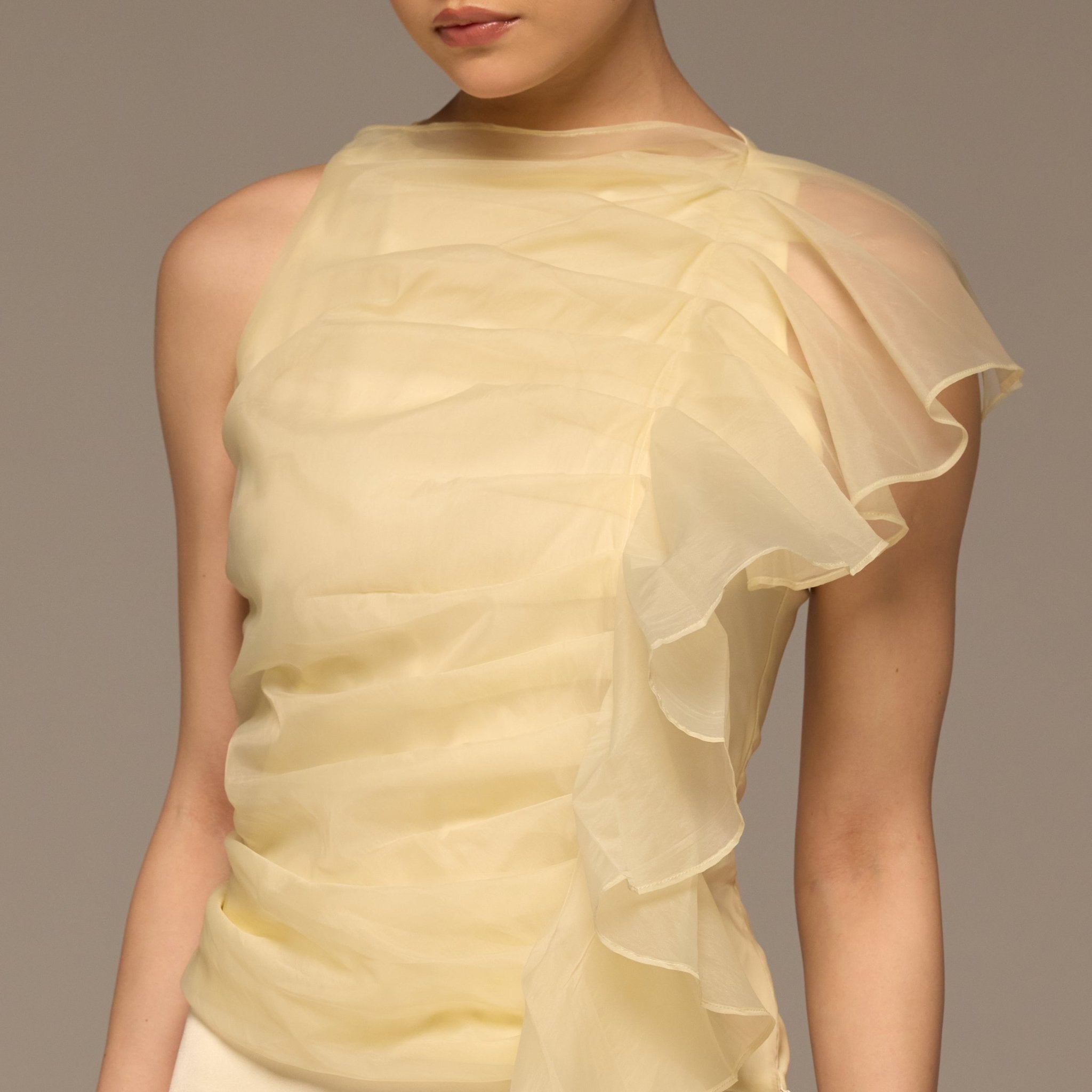 Butter Yellow One Side Ruffle Organza Blouse - shopaleena