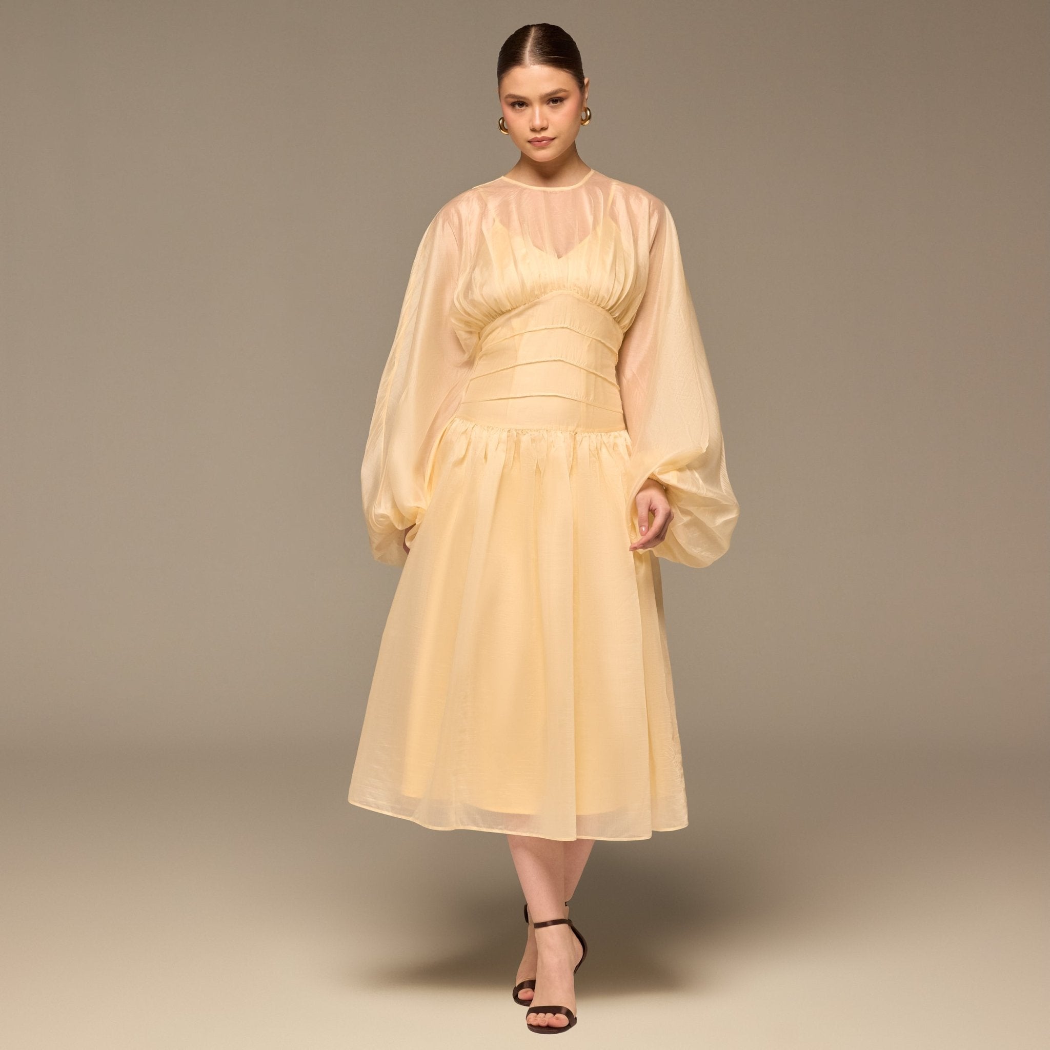 Butter Yellow Organza Puffy Sleeve Dress - shopaleena