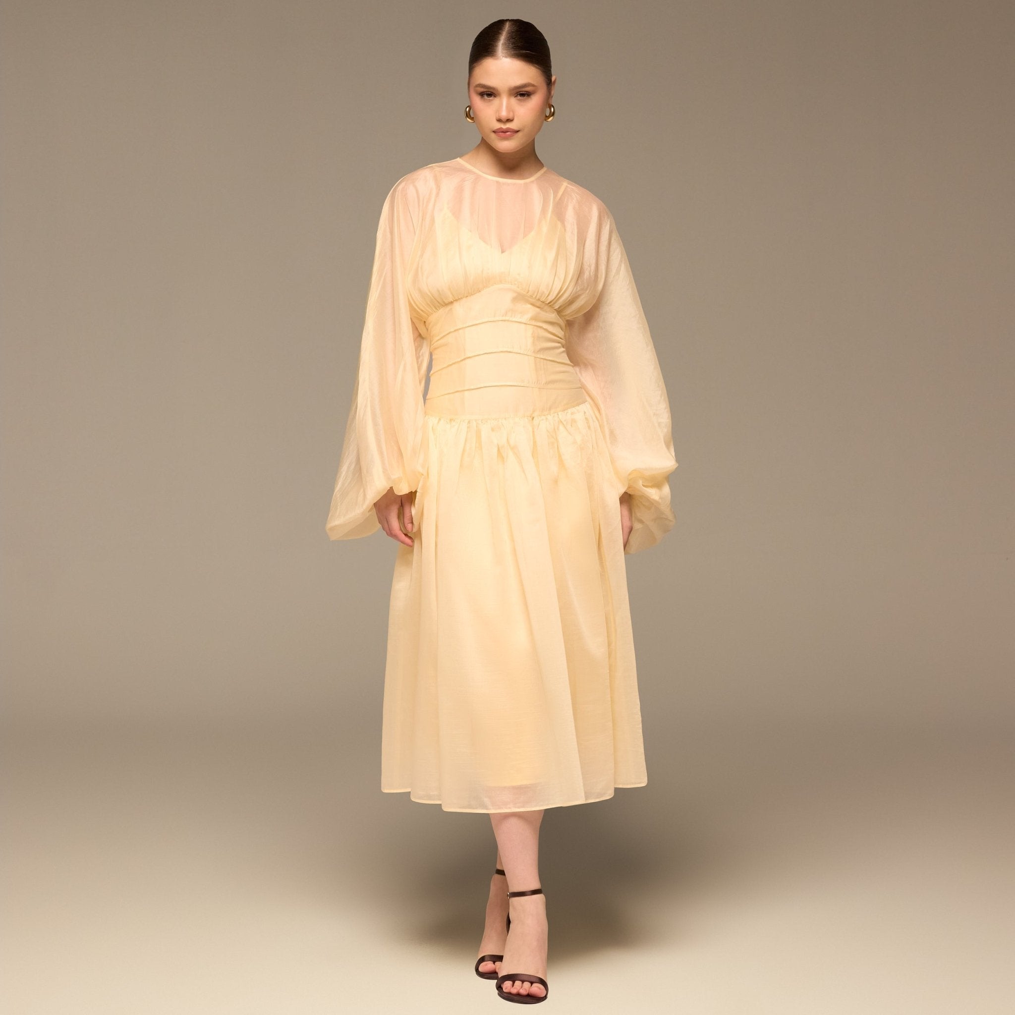 Butter Yellow Organza Puffy Sleeve Dress - shopaleena