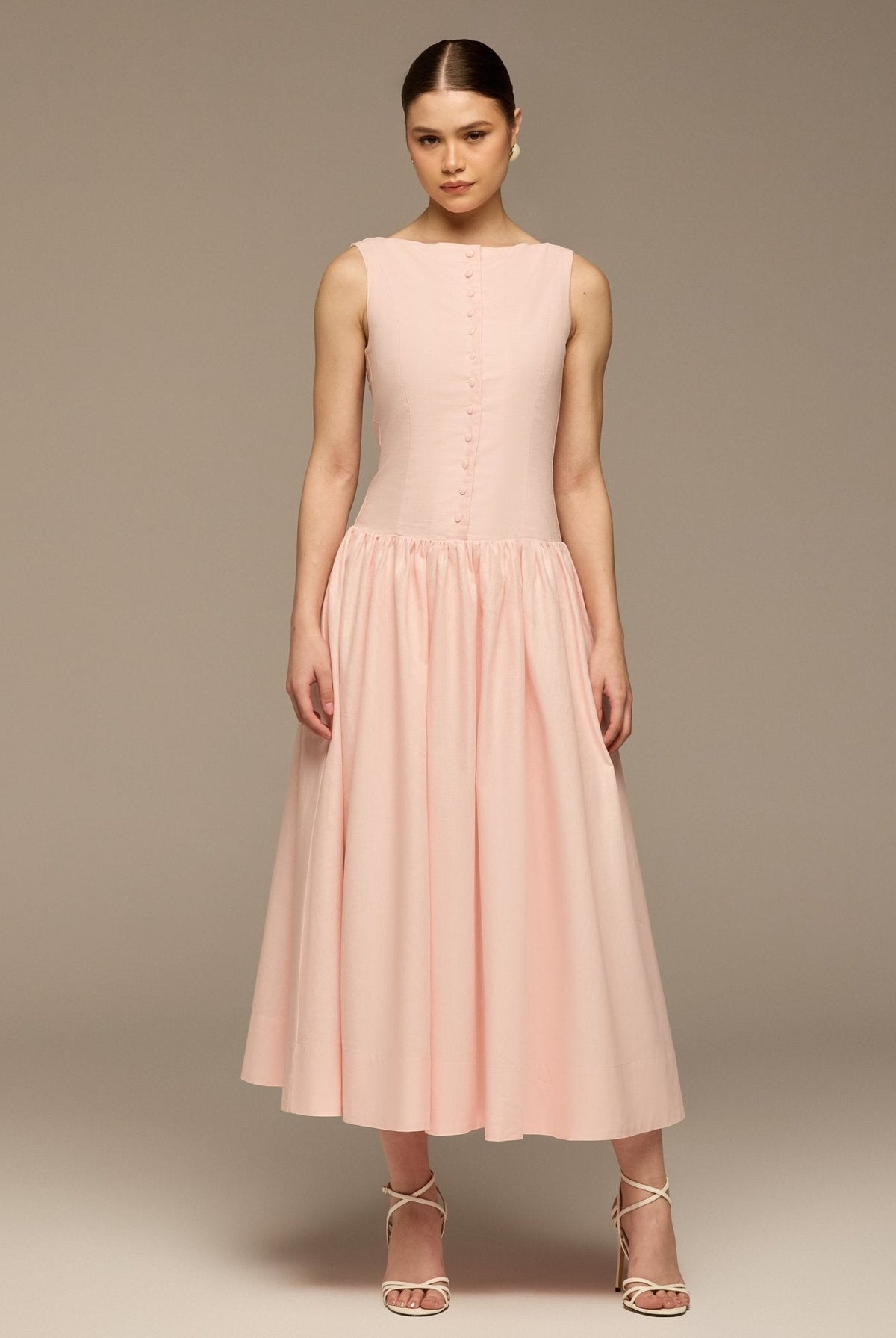 Button-Front Linen Midi Dress - shopaleena
