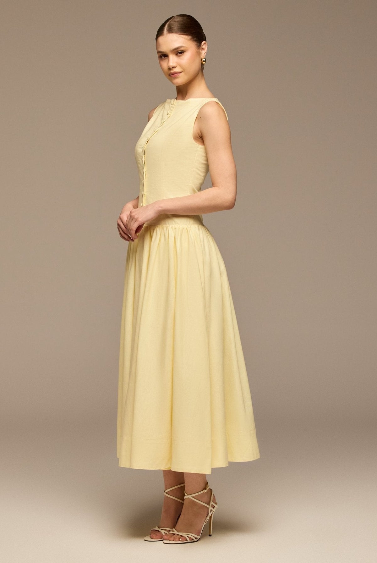 Button-Front Linen Midi Dress - shopaleena