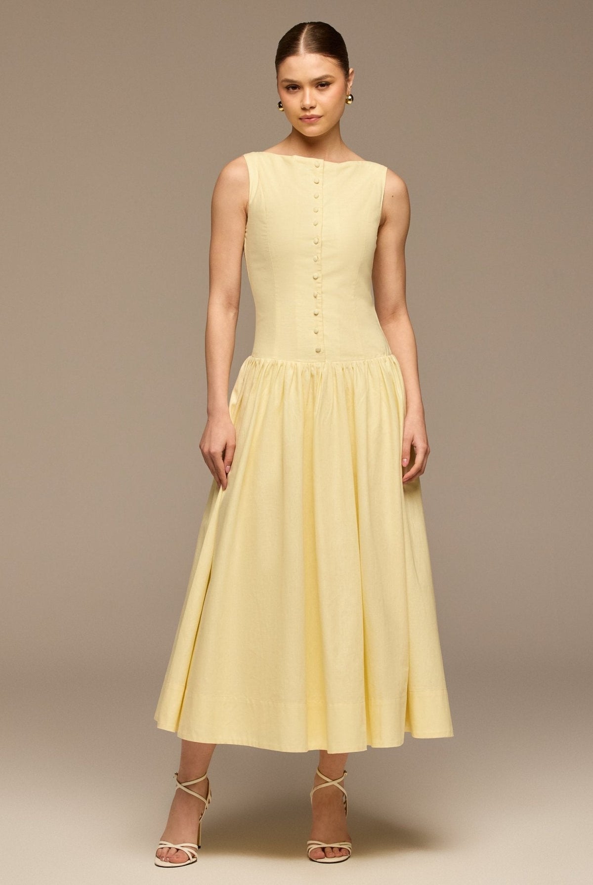 Button-Front Linen Midi Dress - shopaleena