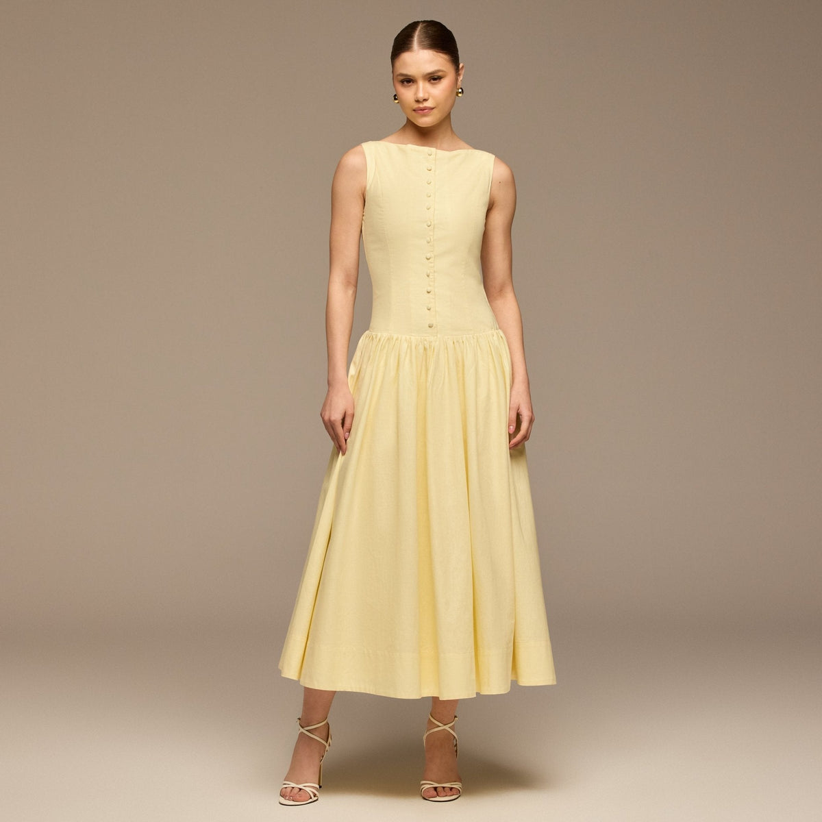 Button-Front Linen Midi Dress - shopaleena