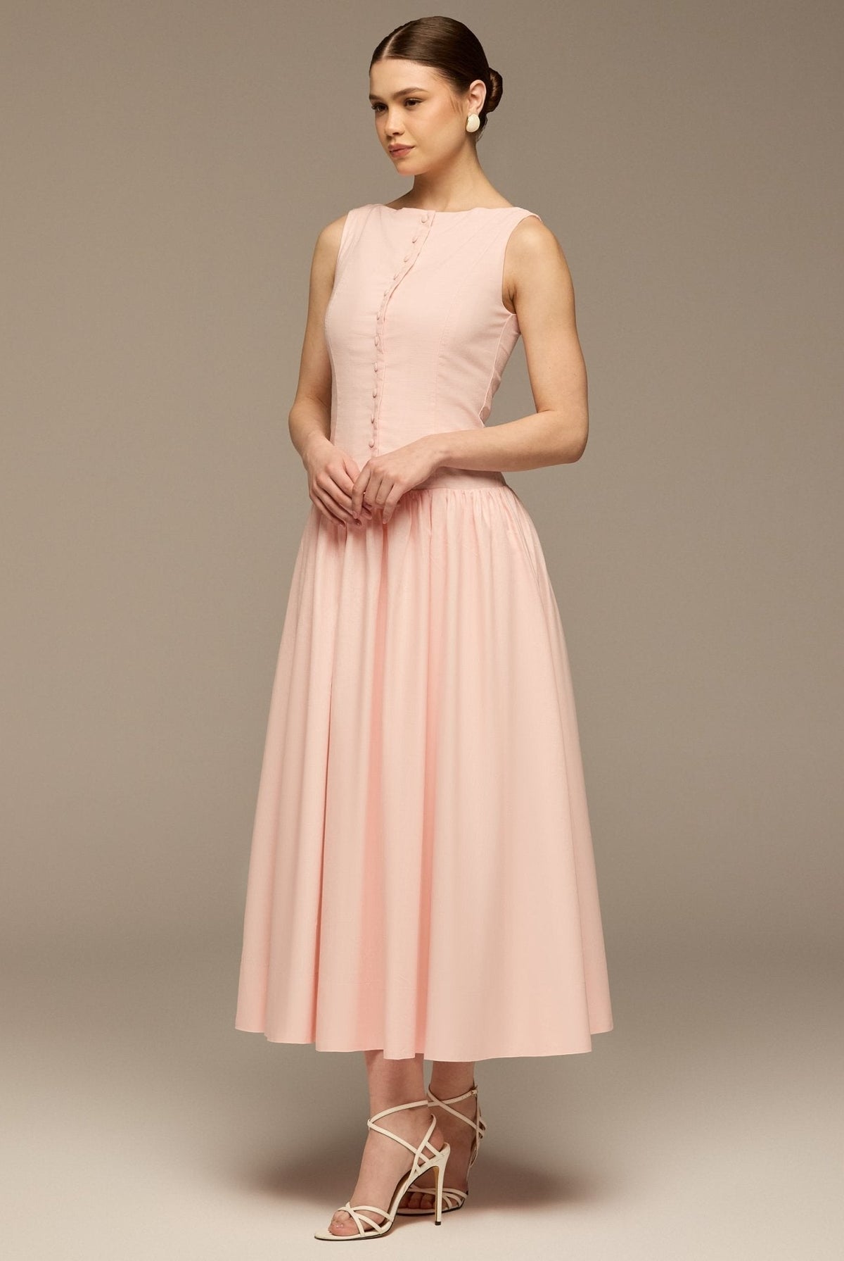 Button-Front Linen Midi Dress - shopaleena