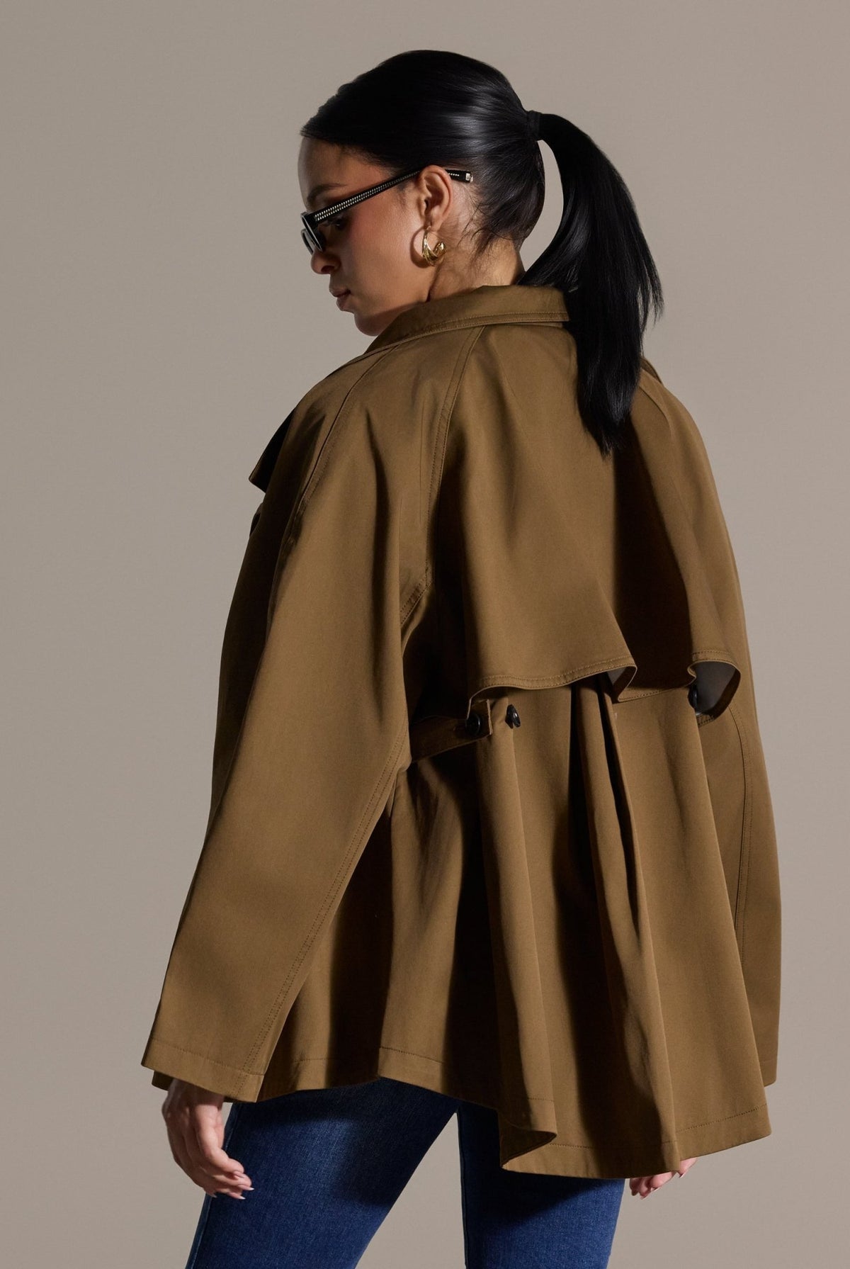 Camel Twill Cape Trench Coat - shopaleena